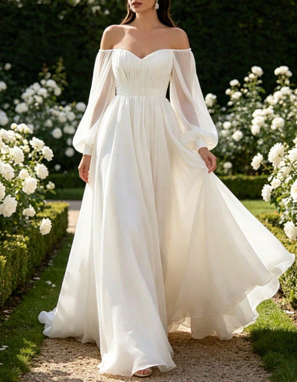 Vestido Maxi com Trem em Chiffon Plissado, Linha A, Mangas Balão Ombro a Ombro