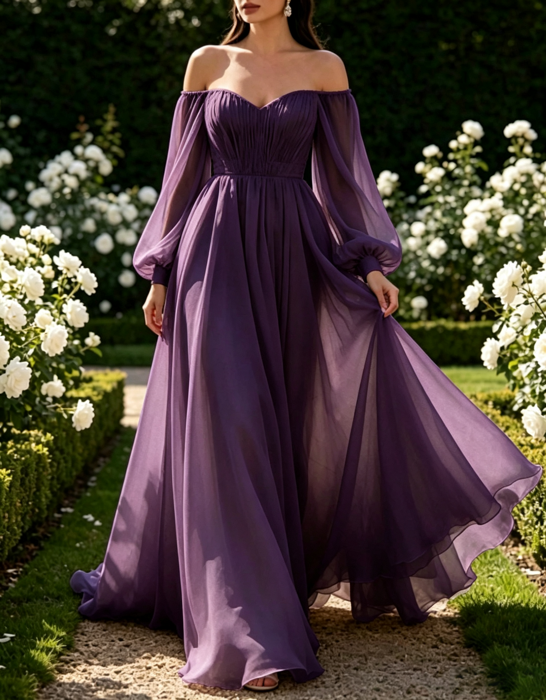 Vestido Maxi com Trem em Chiffon Plissado, Linha A, Mangas Balão Ombro a Ombro