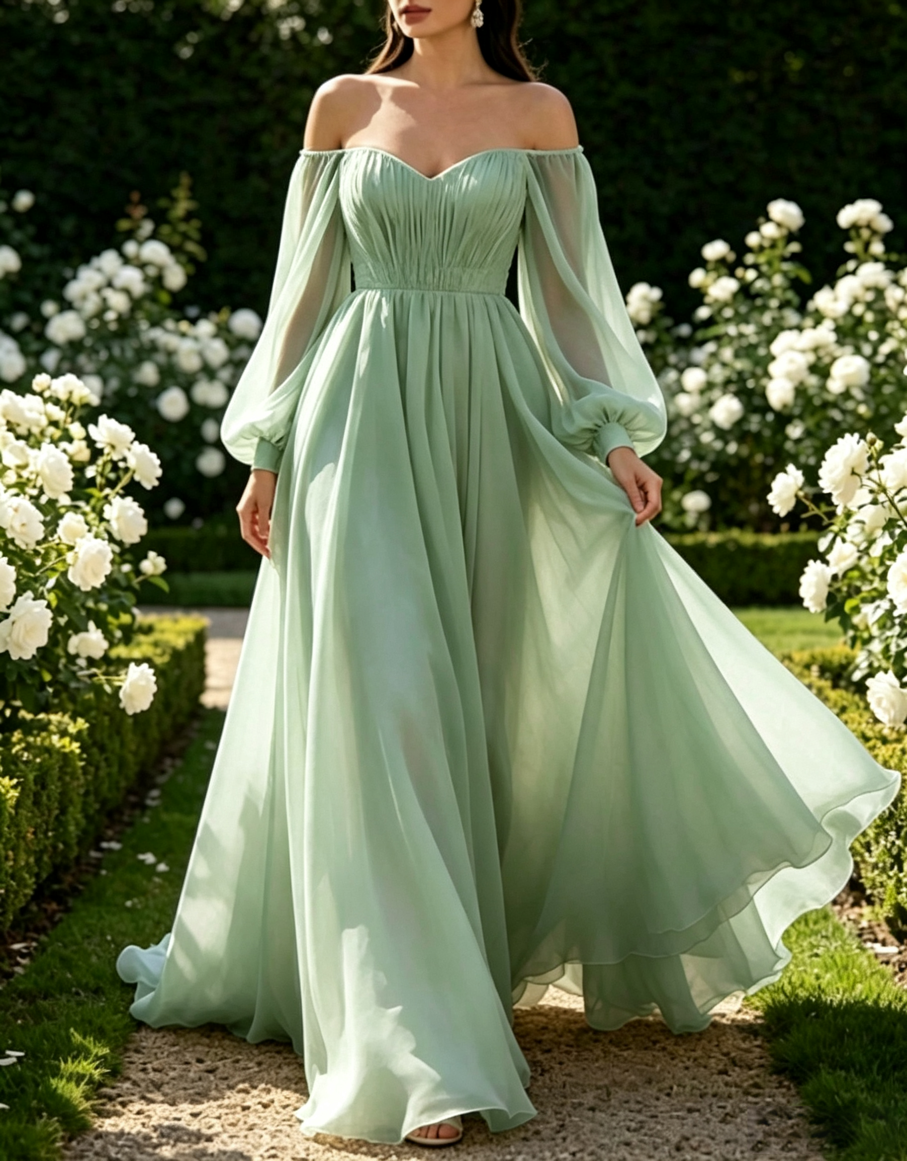 Vestido Maxi com Trem em Chiffon Plissado, Linha A, Mangas Balão Ombro a Ombro