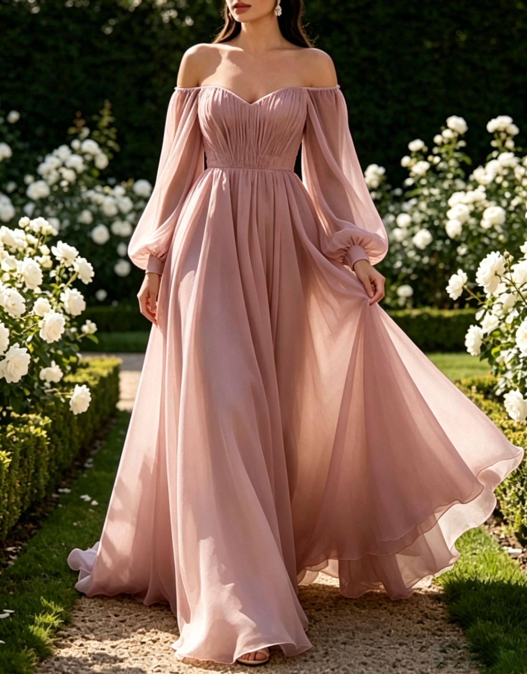 Vestido Maxi com Trem em Chiffon Plissado, Linha A, Mangas Balão Ombro a Ombro