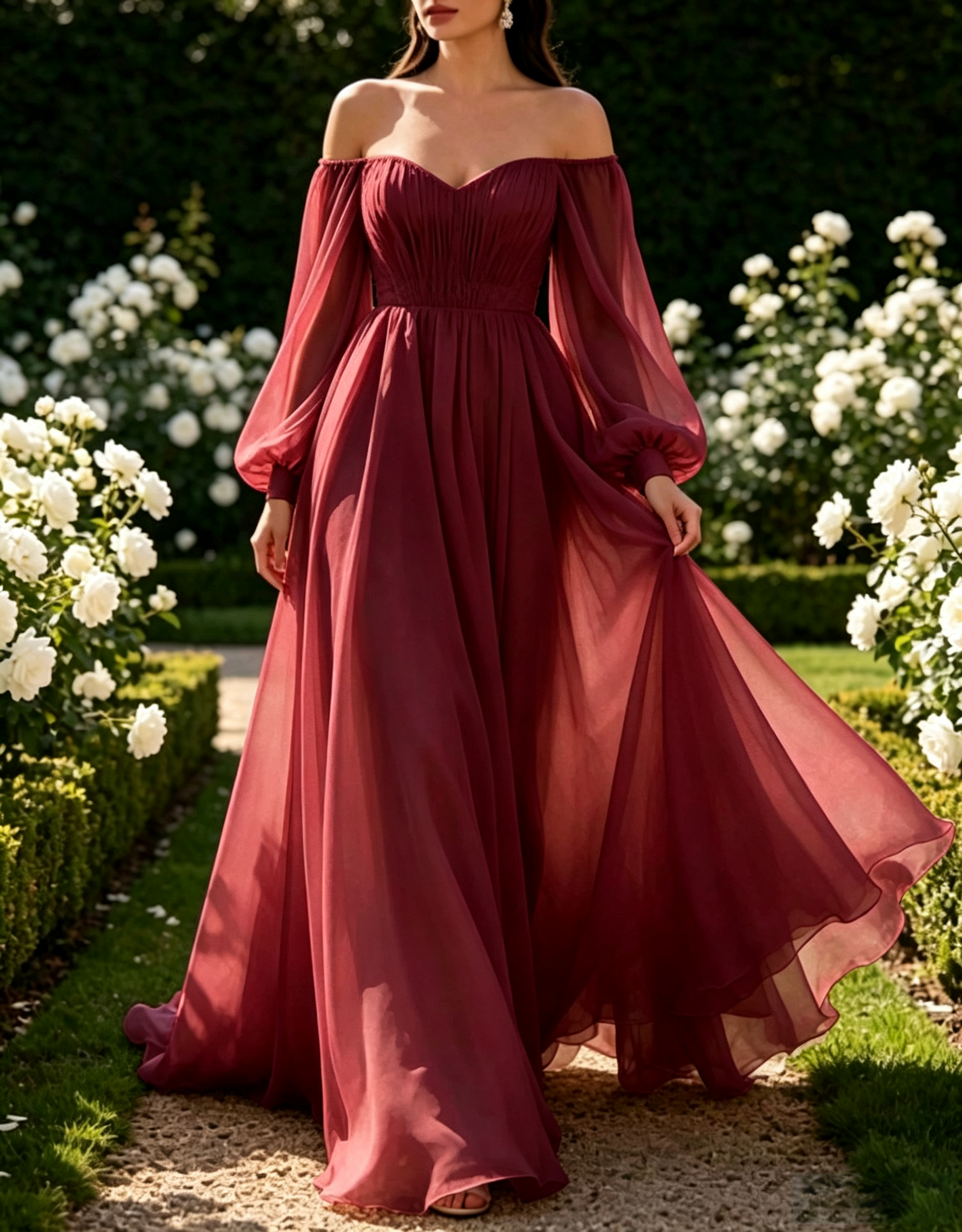 Vestido Maxi com Trem em Chiffon Plissado, Linha A, Mangas Balão Ombro a Ombro