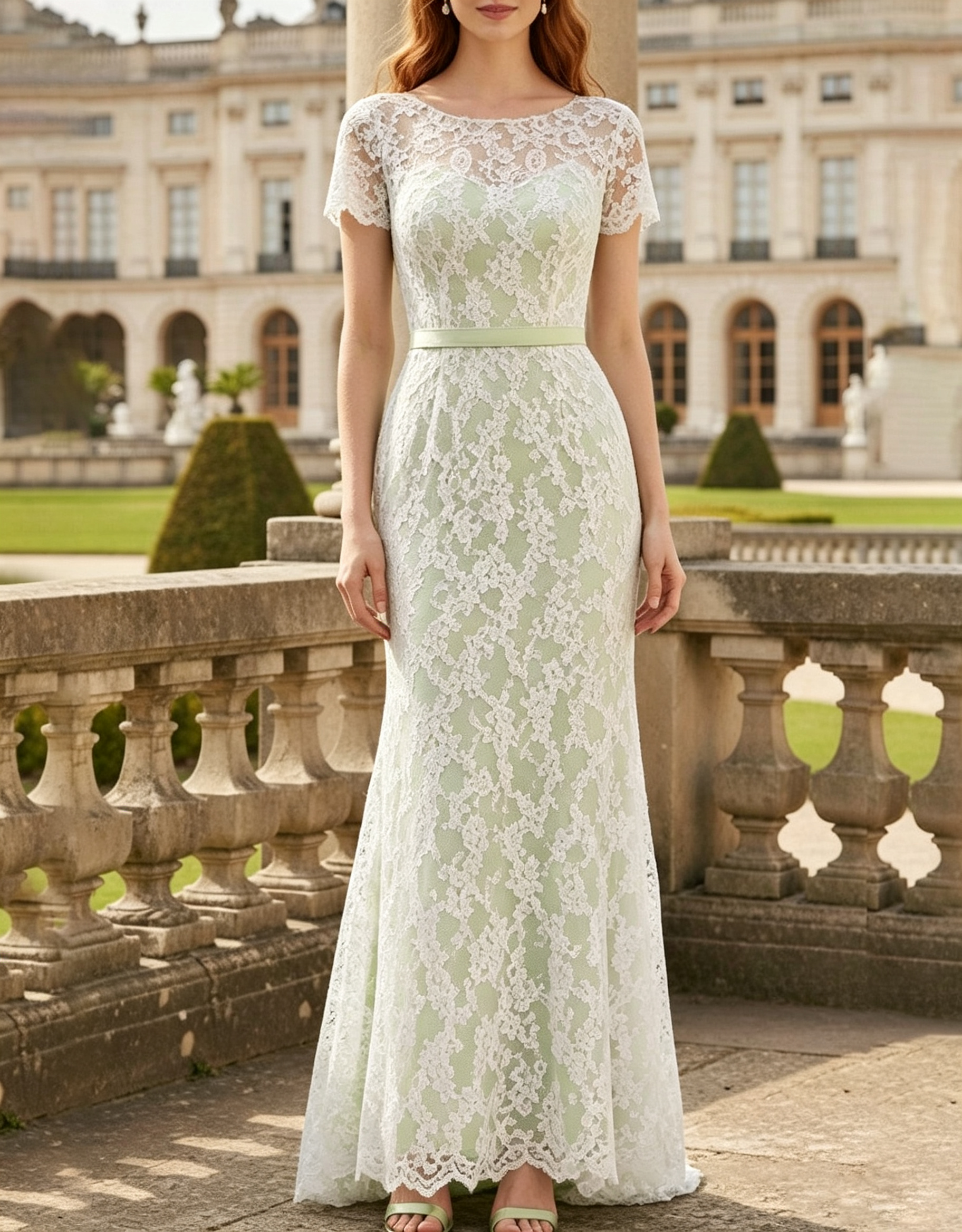 Vestido Maxi Sereia de Renda Floral com Decote Redondo e Mangas Curtas com Borda Ondulada