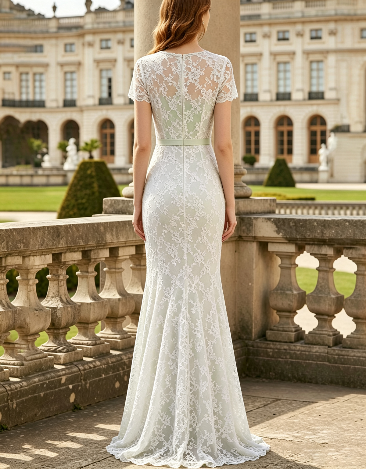 Maxikleid mit Rundhalsausschnitt, kurzen Ärmeln, floraler Spitzenverzierung und Meerjungfrauen-Schnitt