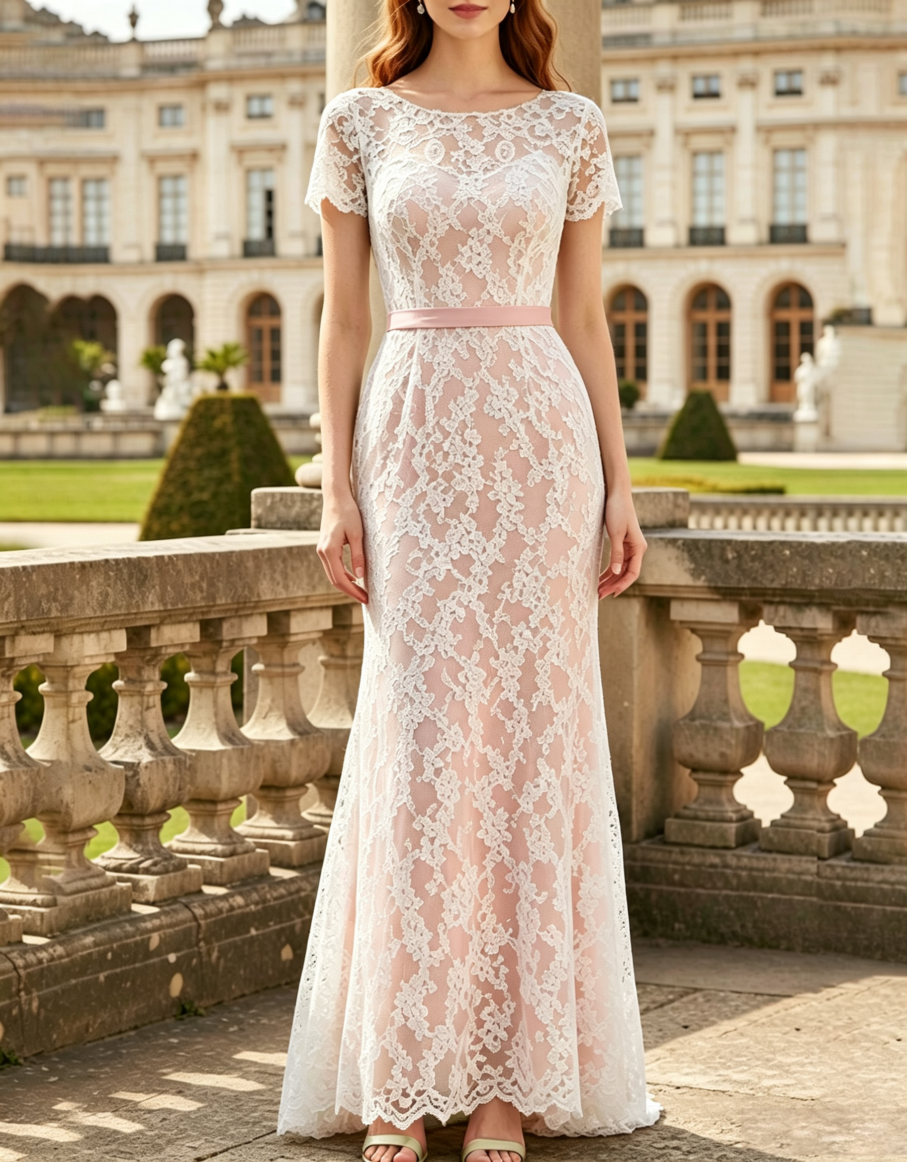 Vestido Maxi Sereia de Renda Floral com Decote Redondo e Mangas Curtas com Borda Ondulada
