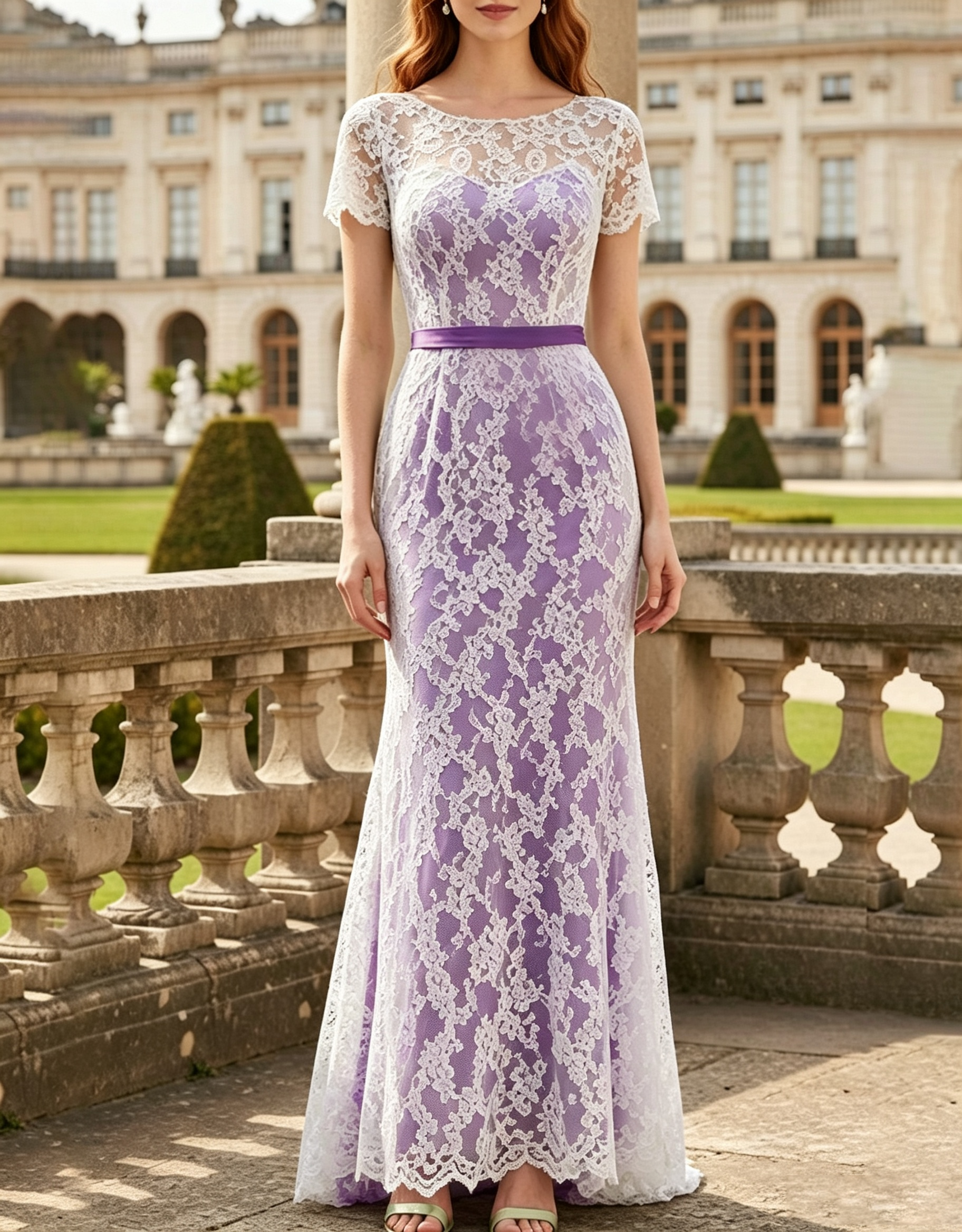 Vestido Maxi Sereia de Renda Floral com Decote Redondo e Mangas Curtas com Borda Ondulada