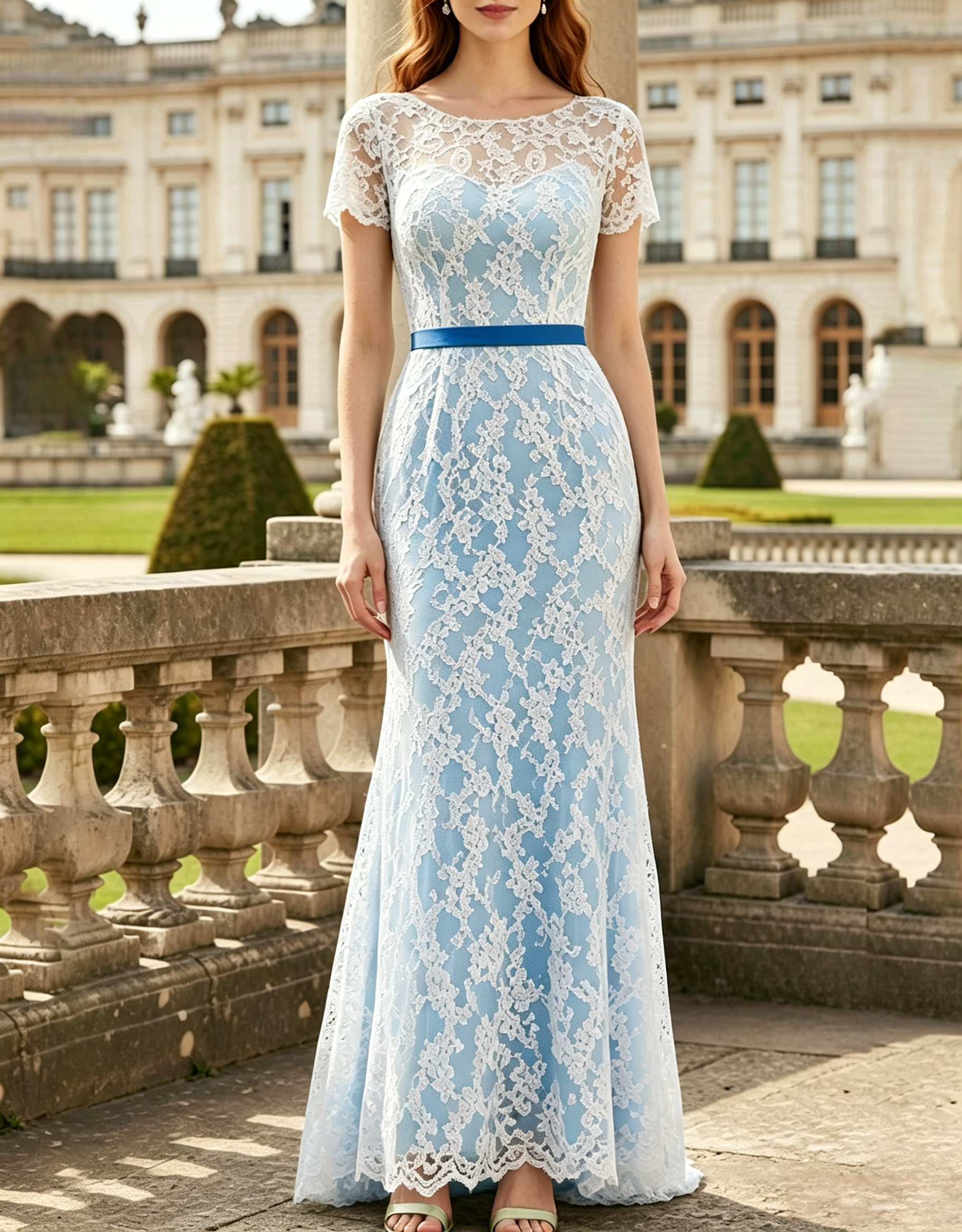 Vestido Maxi Sereia de Renda Floral com Decote Redondo e Mangas Curtas com Borda Ondulada