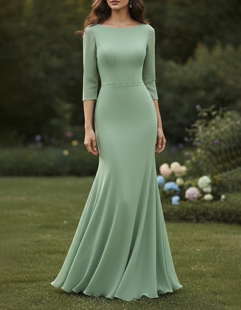 Robe longue sirène en tissu mélangé uni avec col rond et manches trois-quarts