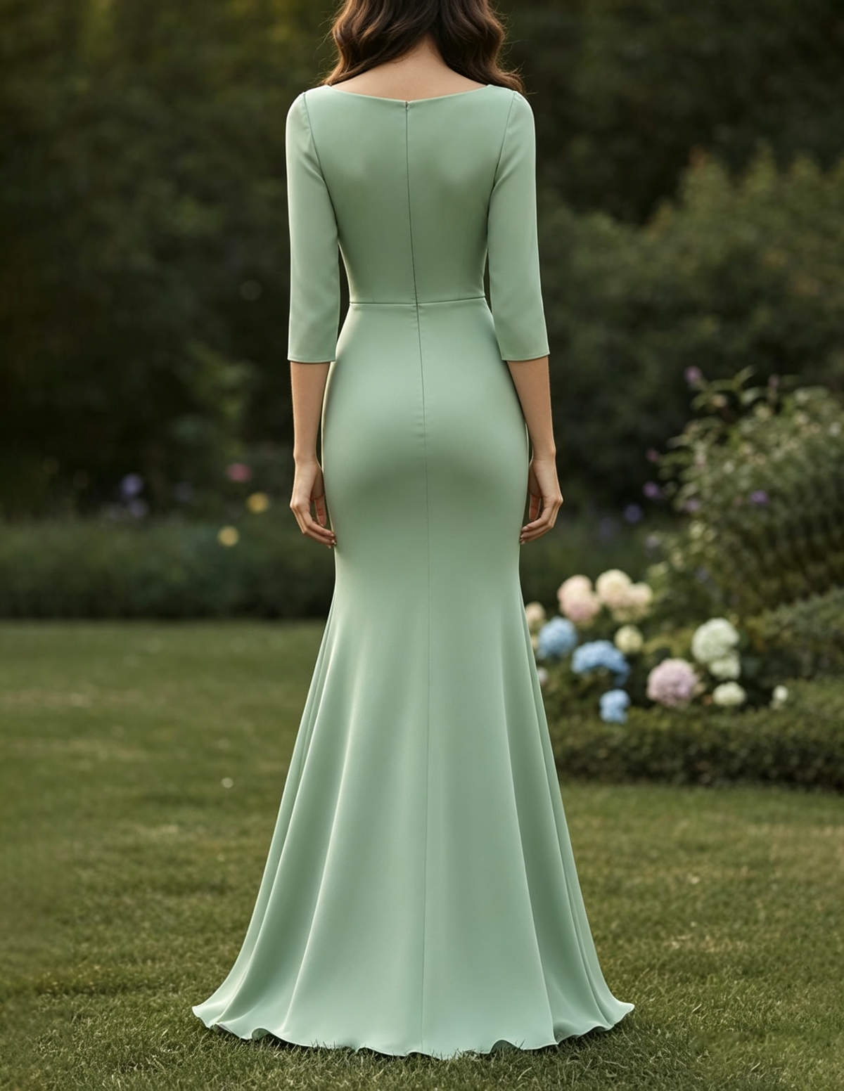 Round Neck Three-Quarter Sleeve Solid Blend Fabric Mermaid Maxi Dress