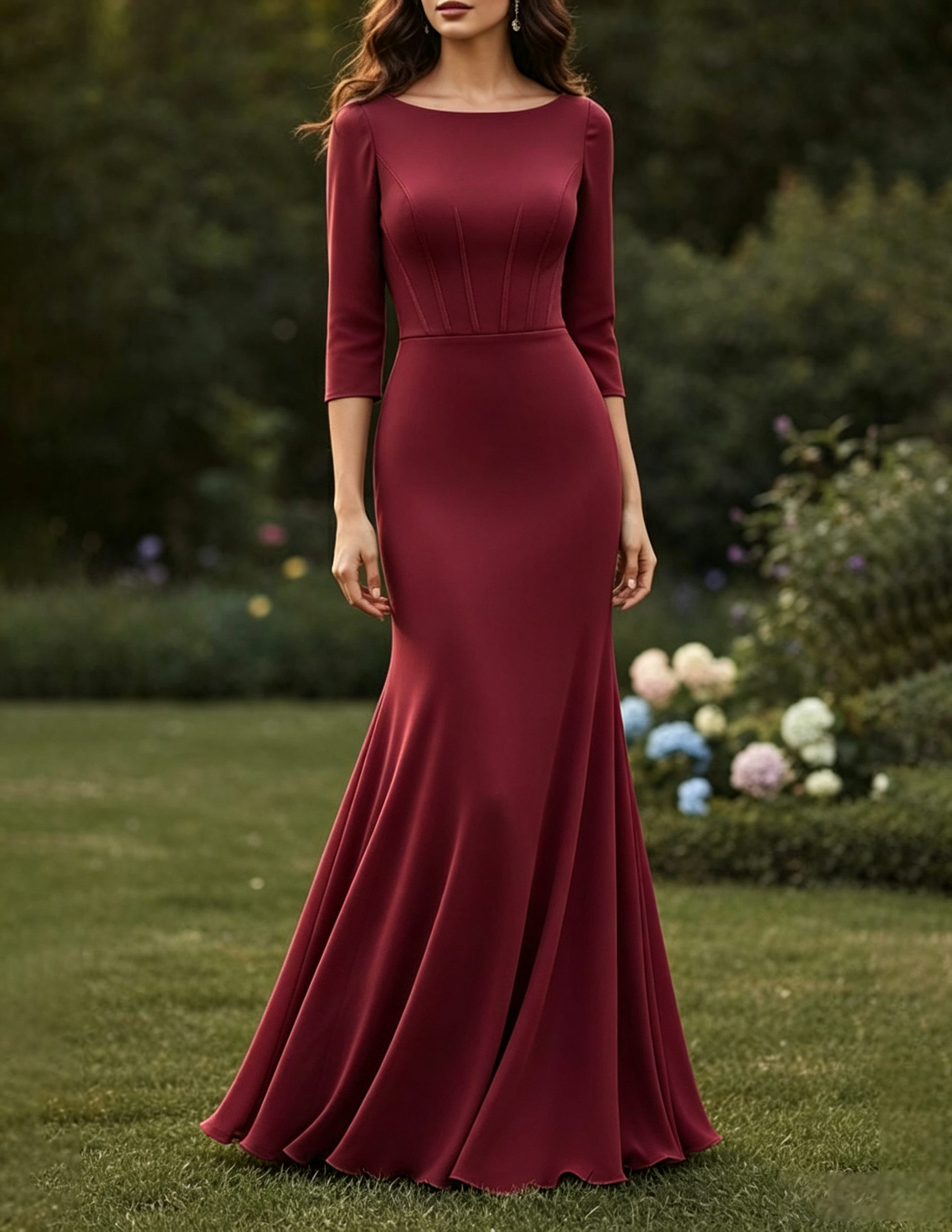 Vestido Maxi Sereia de Tecido Misturado Liso com Decote Redondo e Mangas Três Quartos