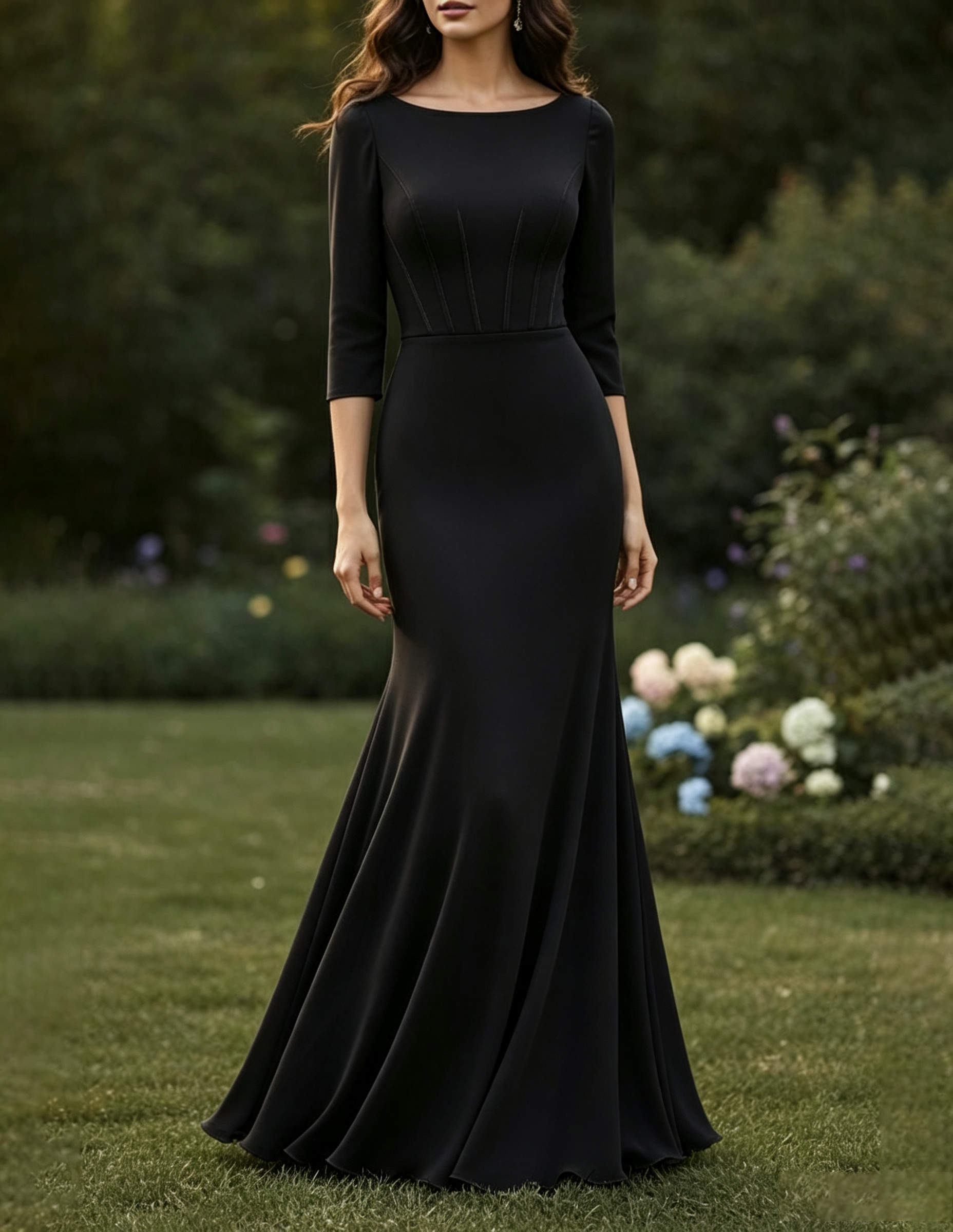 Robe longue sirène en tissu mélangé uni avec col rond et manches trois-quarts