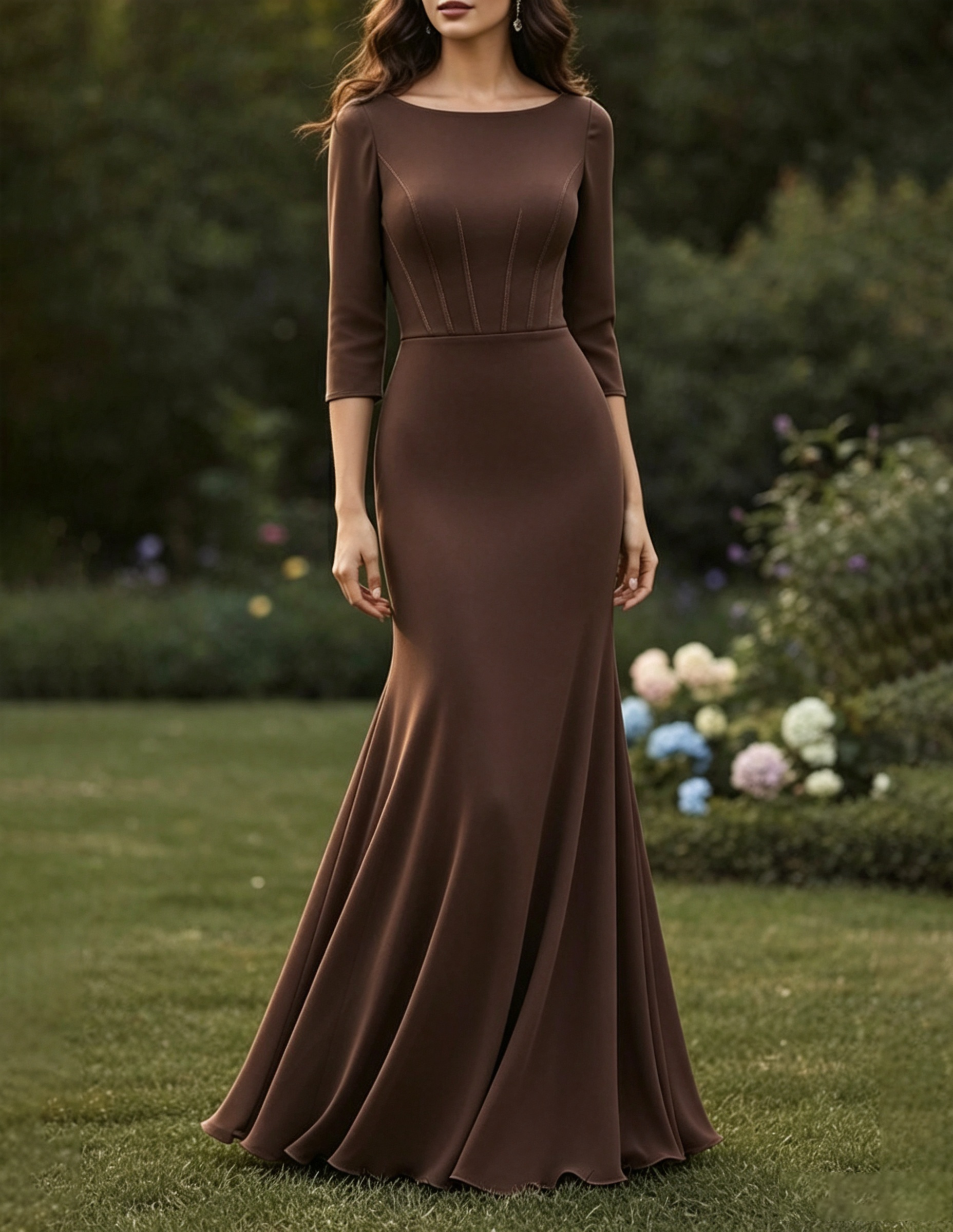 Vestido Maxi Sereia de Tecido Misturado Liso com Decote Redondo e Mangas Três Quartos