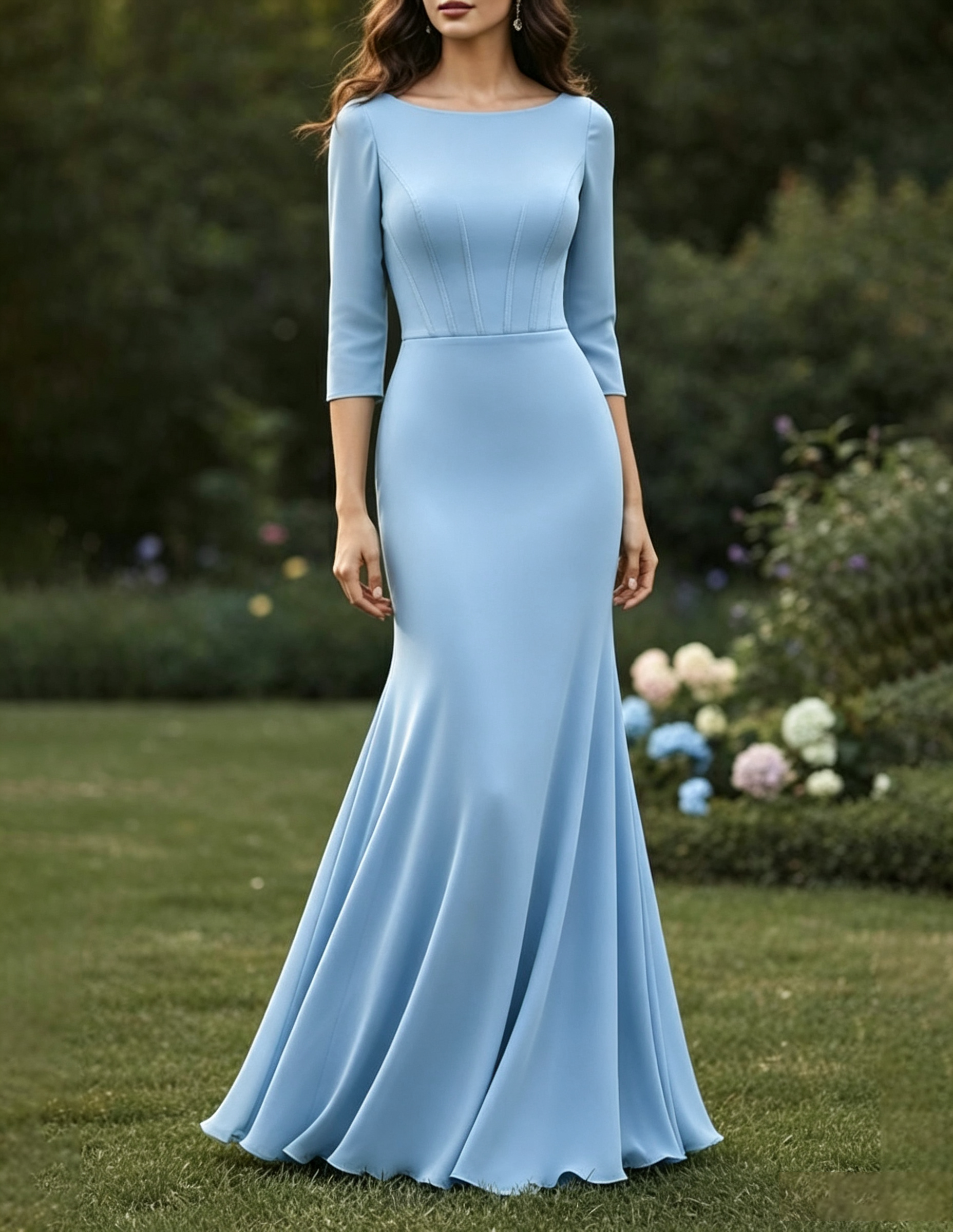 Vestido Maxi Sereia de Tecido Misturado Liso com Decote Redondo e Mangas Três Quartos