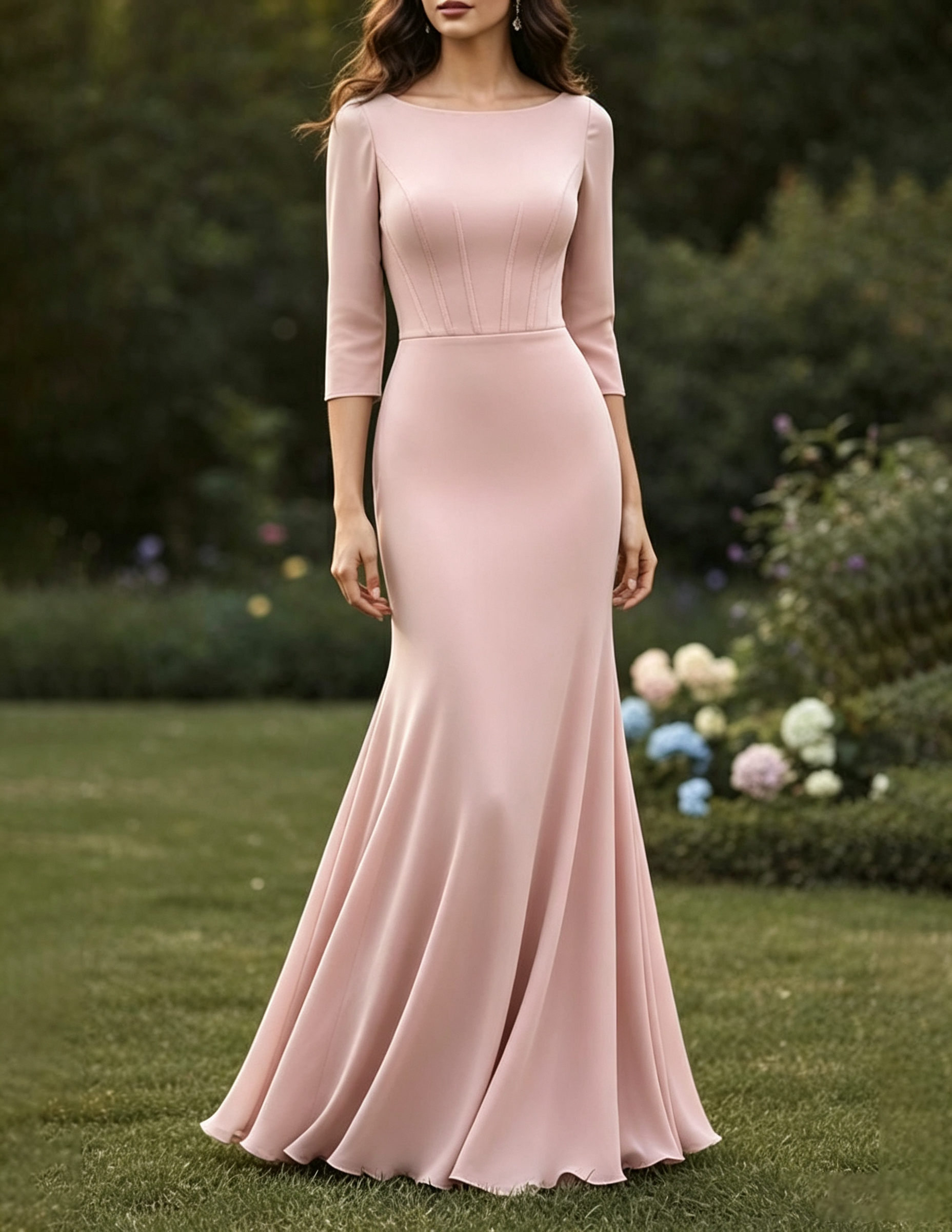 Robe longue sirène en tissu mélangé uni avec col rond et manches trois-quarts