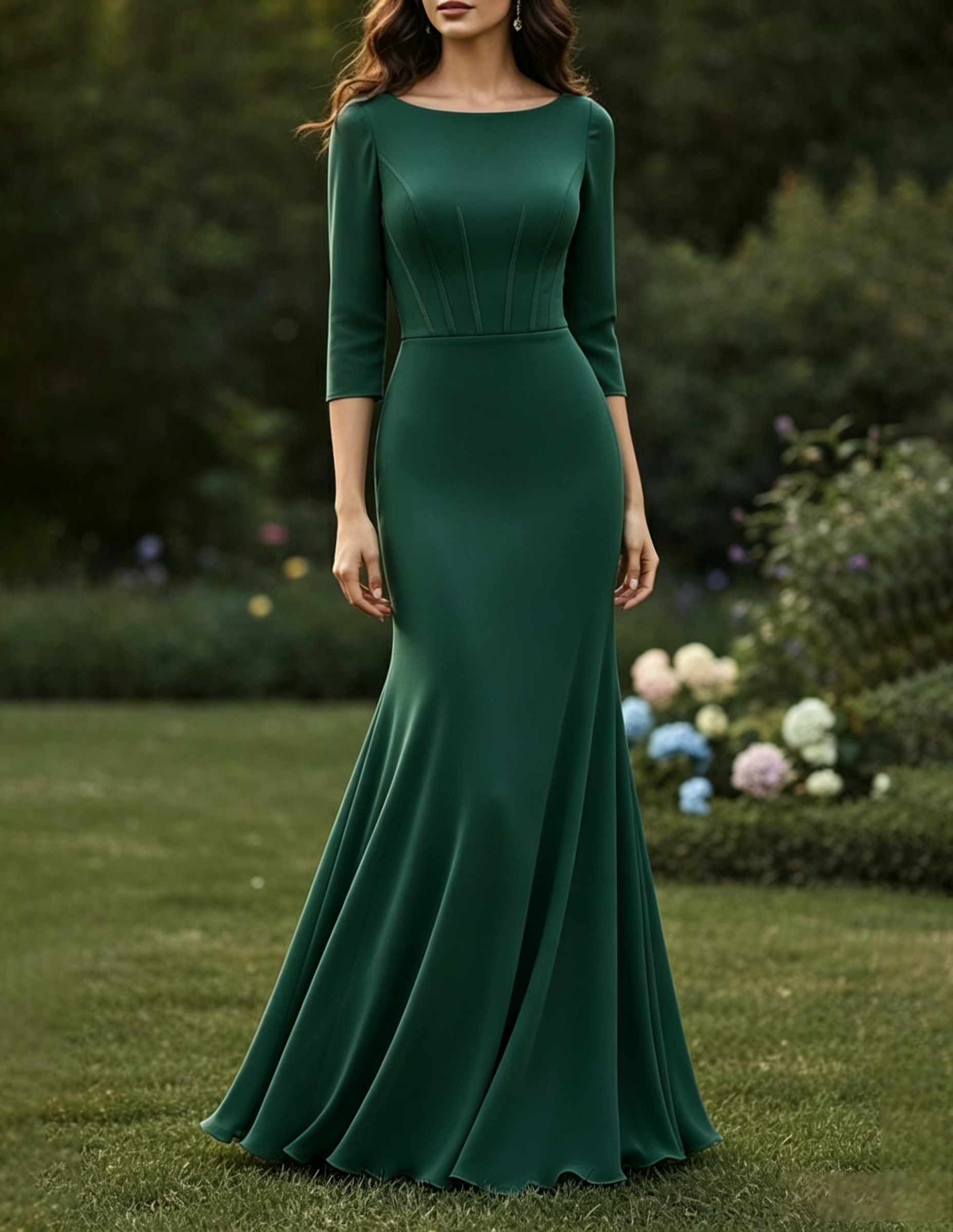 Vestido Maxi Sereia de Tecido Misturado Liso com Decote Redondo e Mangas Três Quartos