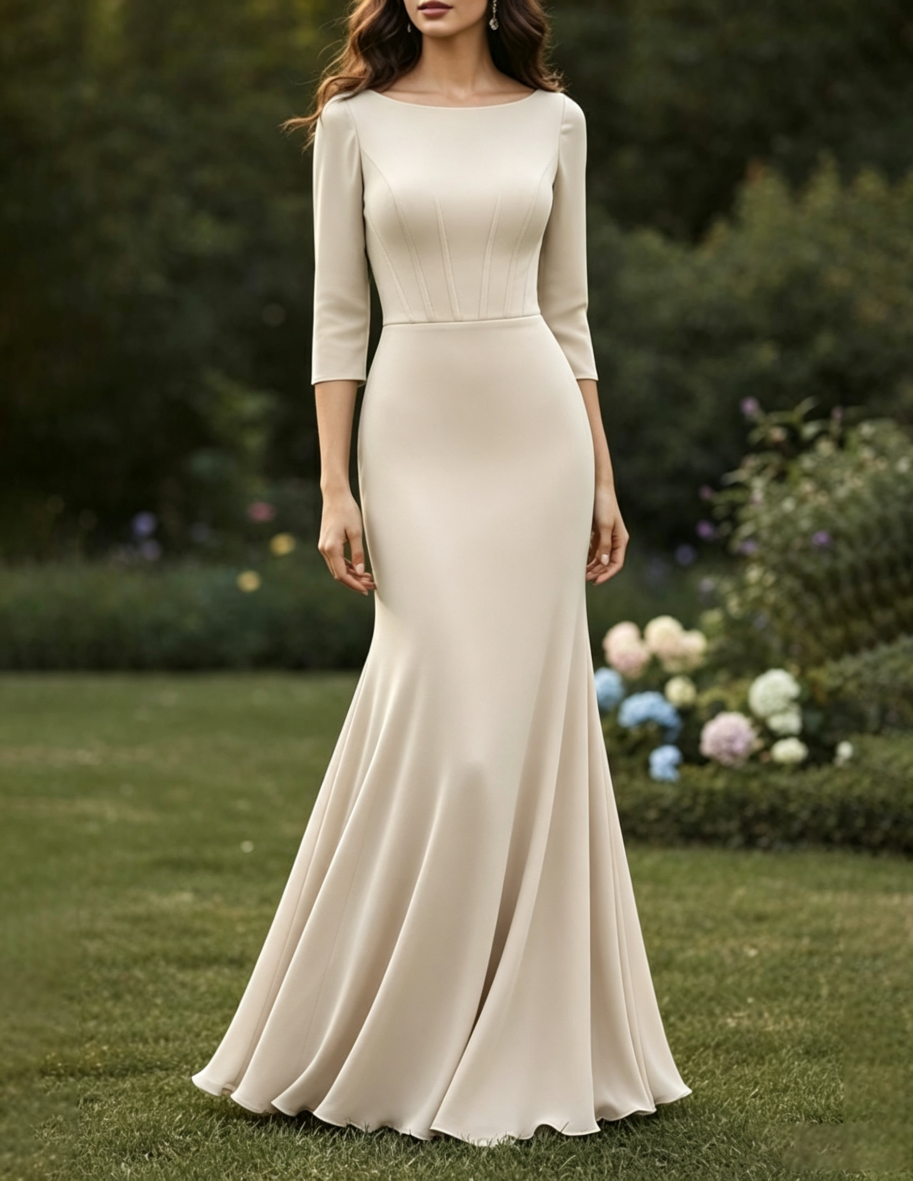 Vestido Maxi Sereia de Tecido Misturado Liso com Decote Redondo e Mangas Três Quartos