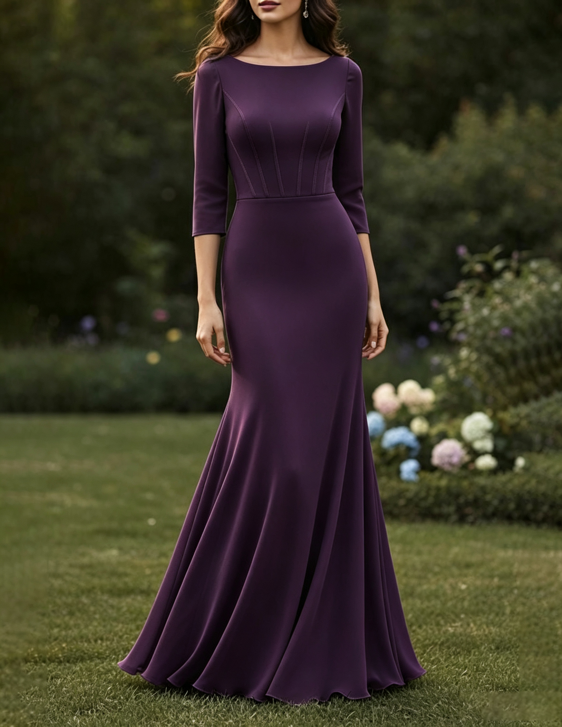 Vestido Maxi Sereia de Tecido Misturado Liso com Decote Redondo e Mangas Três Quartos