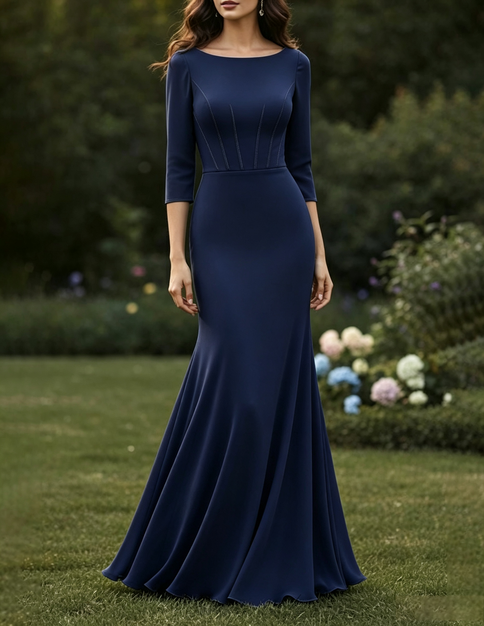 Vestido Maxi Sereia de Tecido Misturado Liso com Decote Redondo e Mangas Três Quartos