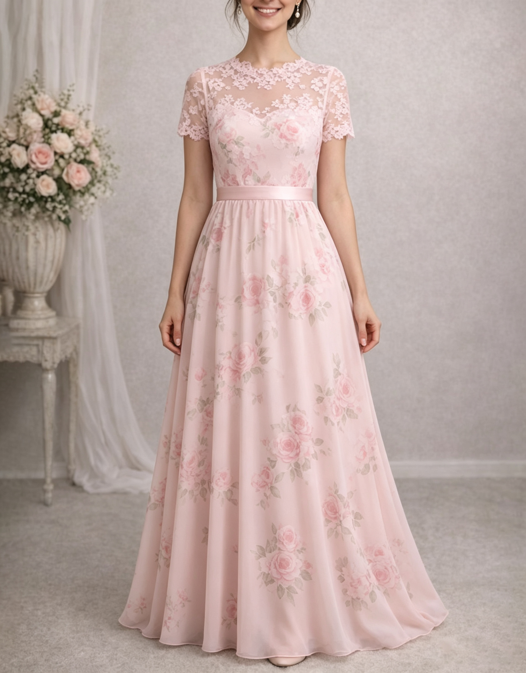 Robe maxi en mousseline à imprimé rose, manches courtes en dentelle florale rose, coupe évasée en A