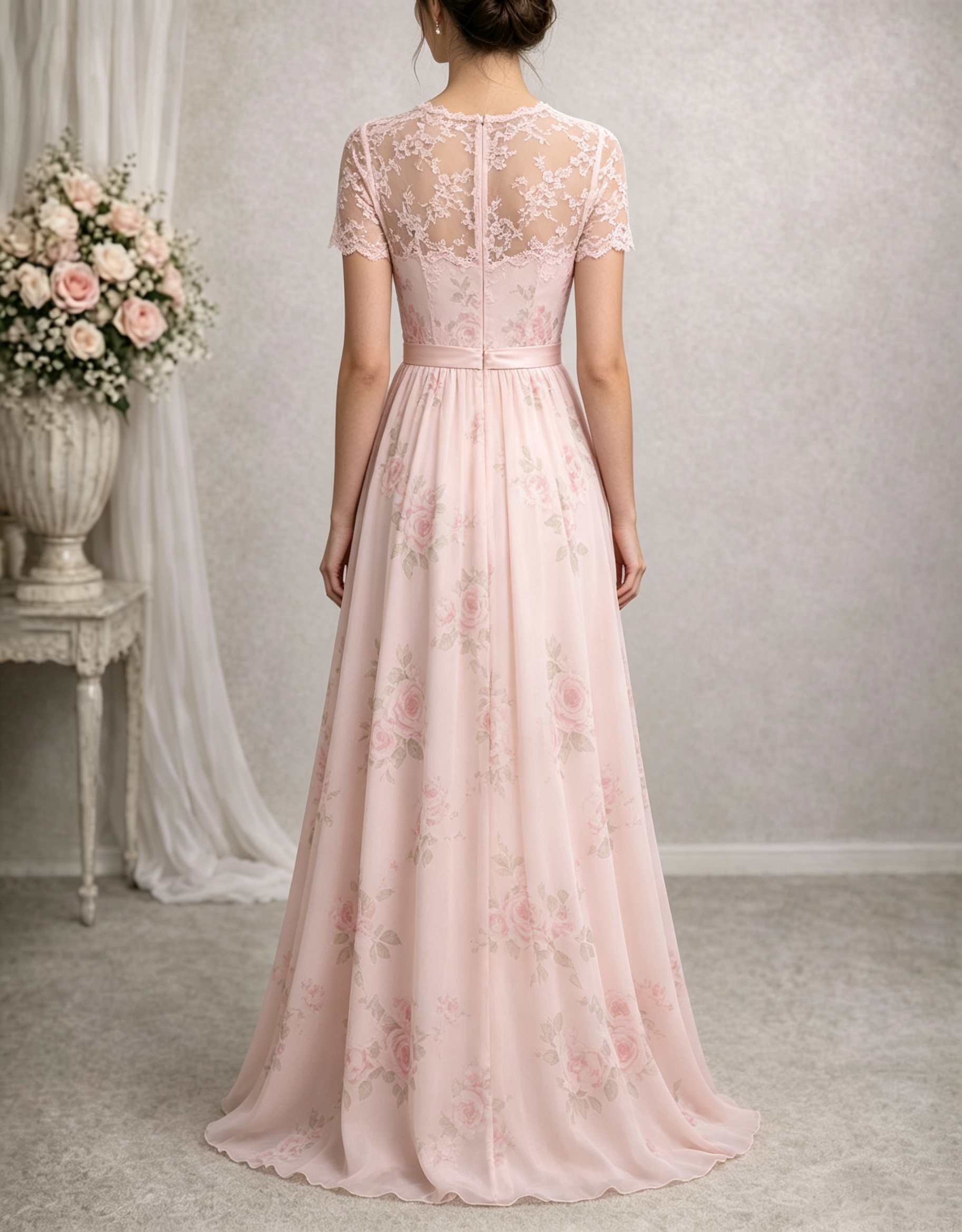 Rosa Blumen-Spitzenkleid mit kurzen Ärmeln, Rosenmuster, Chiffon, A-Linien-Maxikleid