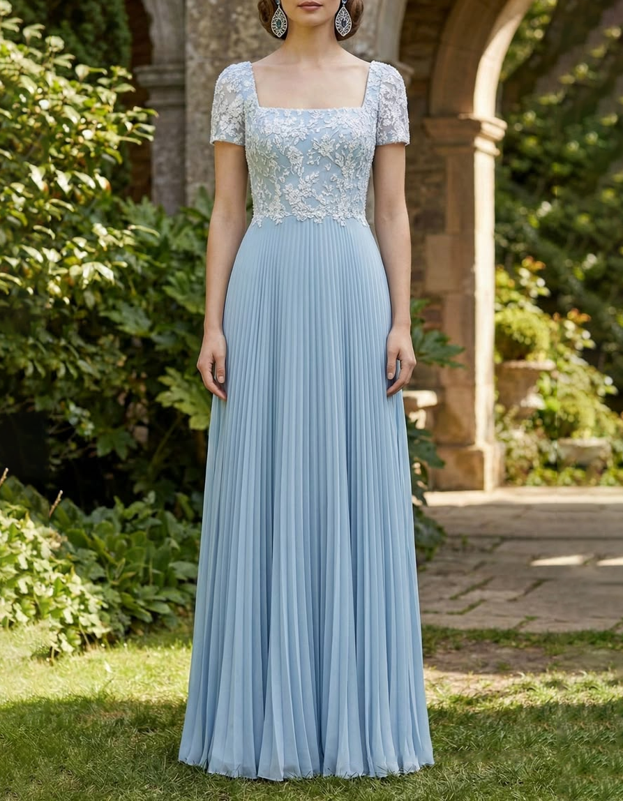 Vestido Maxi em Chiffon com Decote Quadrado, Renda Floral, Mangas Curtas e Pregas em A-Line