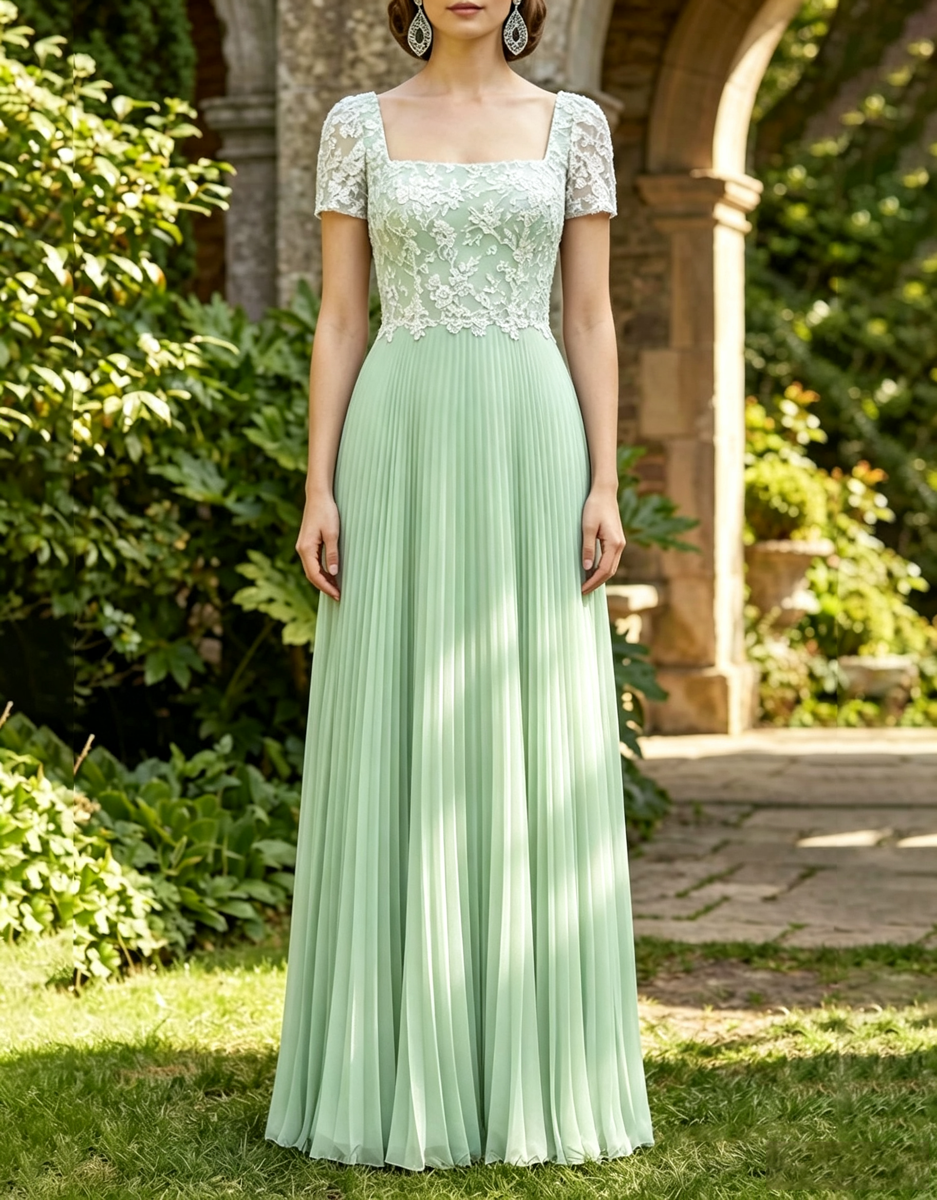 Vestido Maxi em Chiffon com Decote Quadrado, Renda Floral, Mangas Curtas e Pregas em A-Line