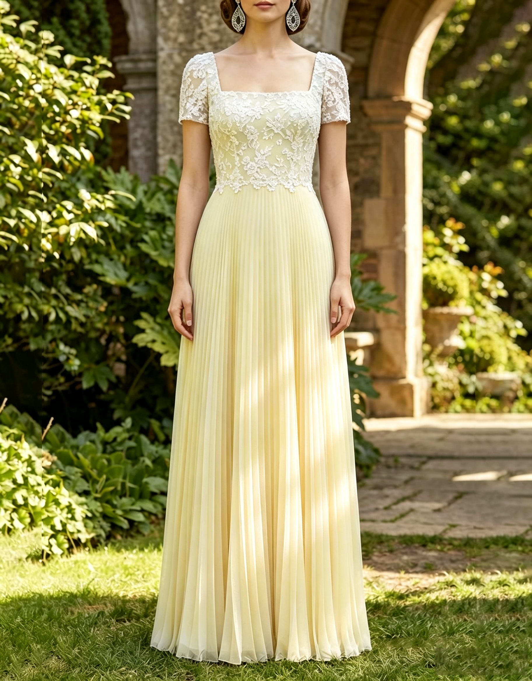 Vestido Maxi em Chiffon com Decote Quadrado, Renda Floral, Mangas Curtas e Pregas em A-Line