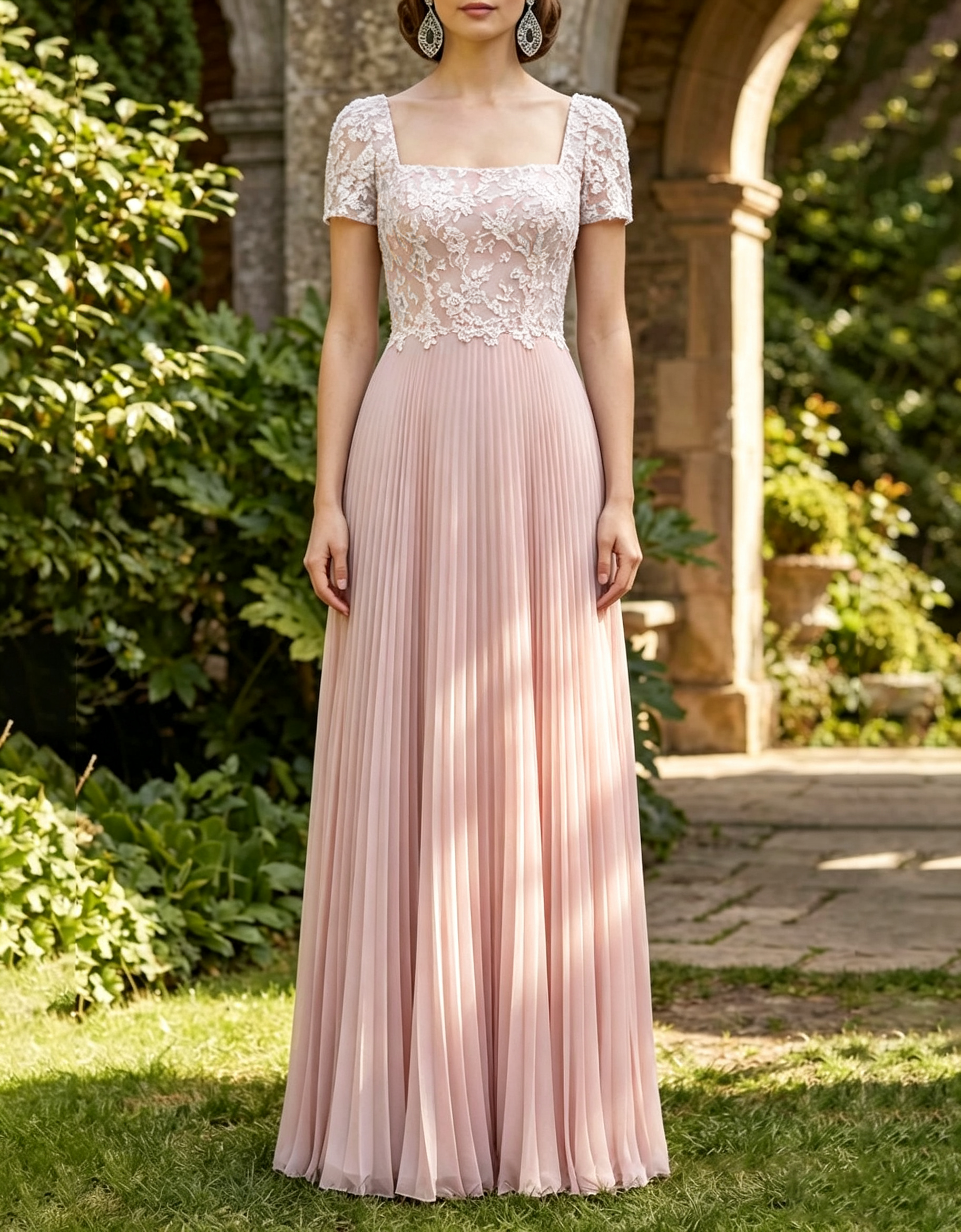 Vestido Maxi em Chiffon com Decote Quadrado, Renda Floral, Mangas Curtas e Pregas em A-Line