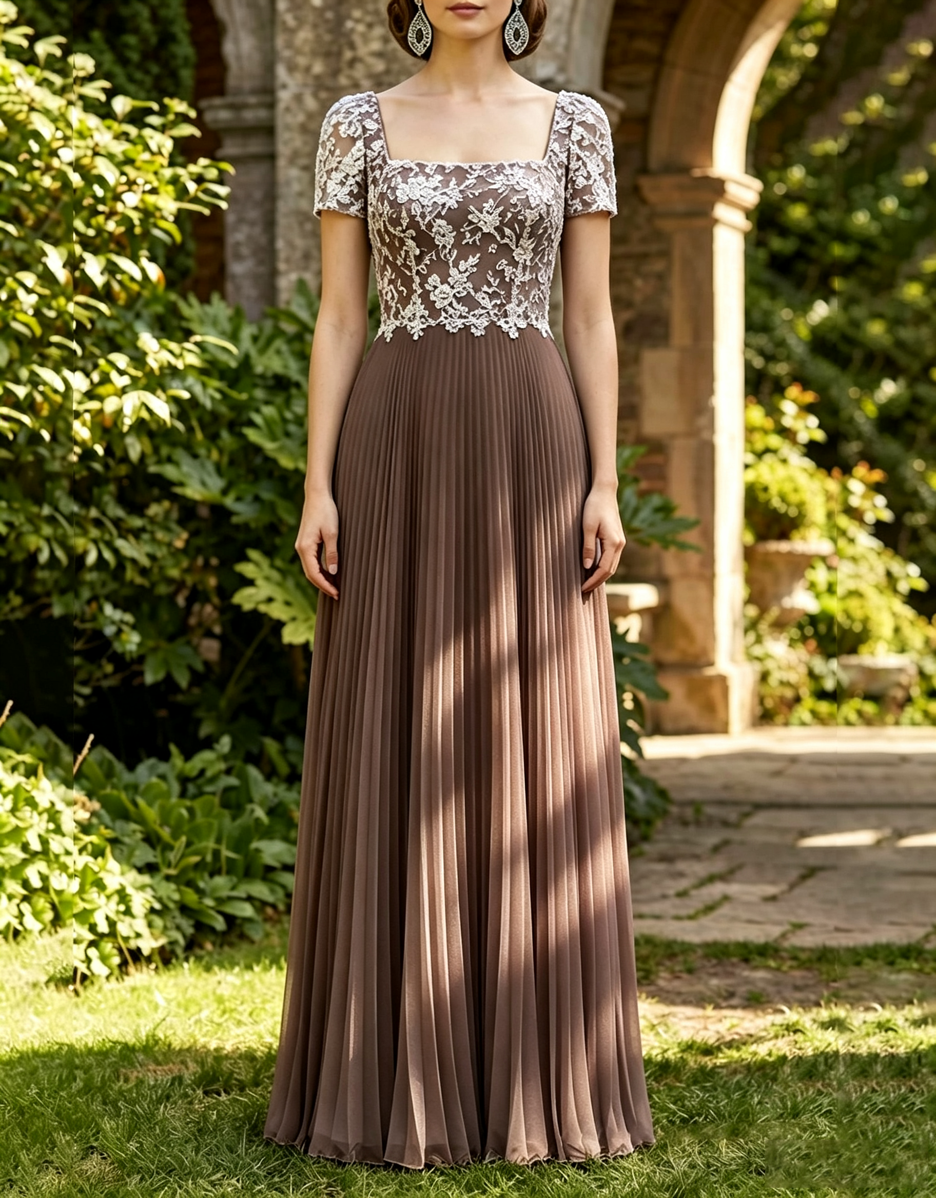 Vestido Maxi em Chiffon com Decote Quadrado, Renda Floral, Mangas Curtas e Pregas em A-Line