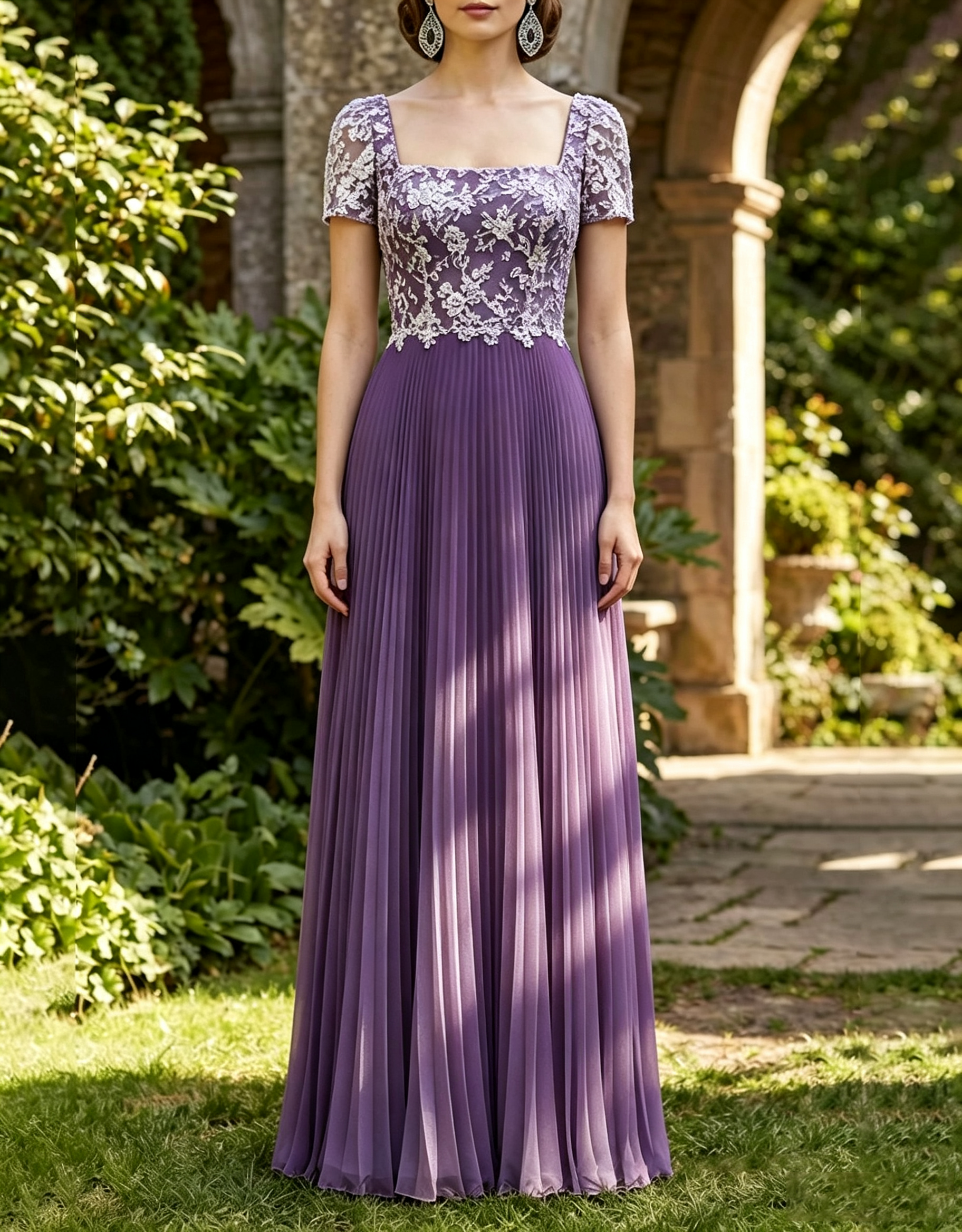 Vestido Maxi em Chiffon com Decote Quadrado, Renda Floral, Mangas Curtas e Pregas em A-Line