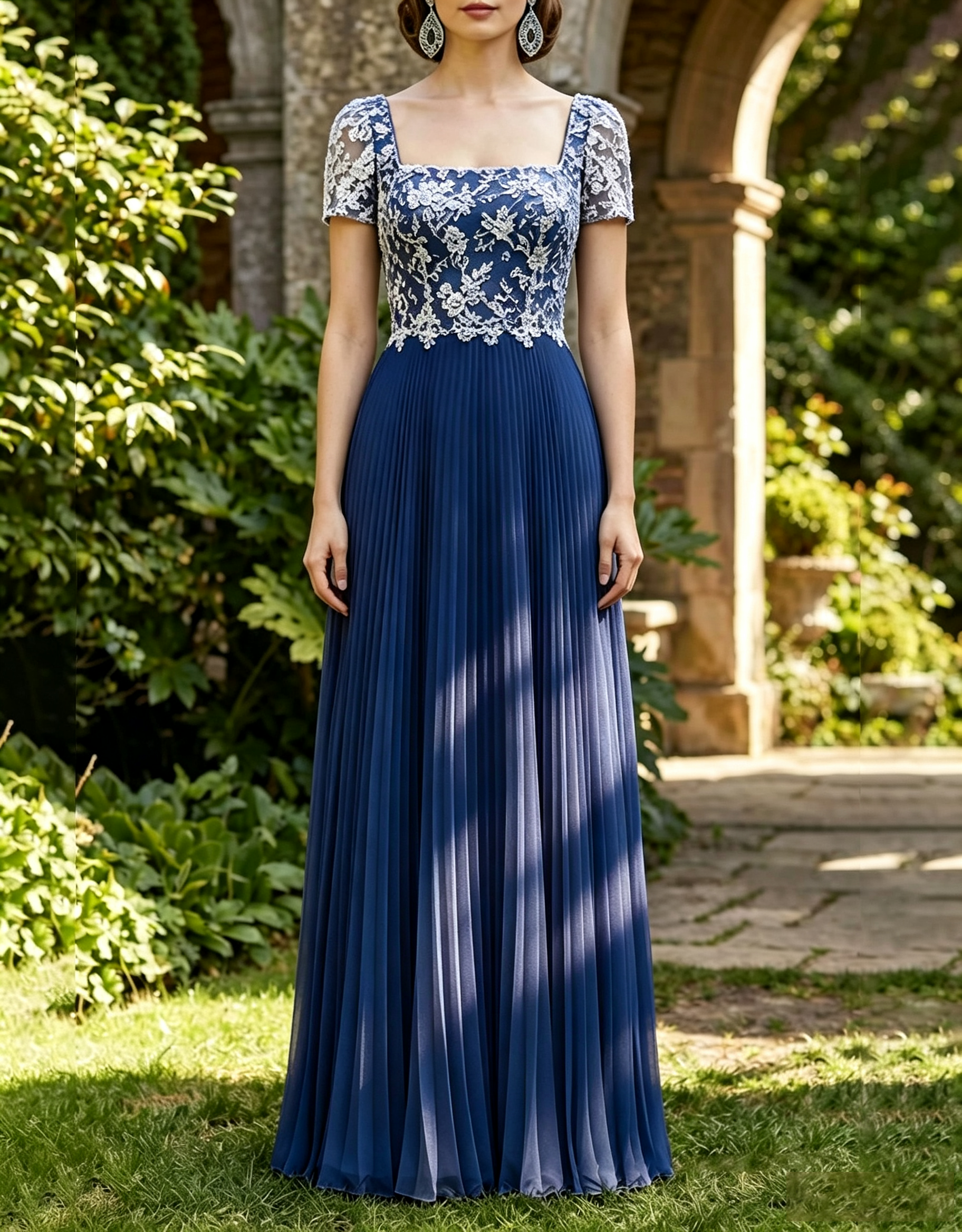 Vestido Maxi em Chiffon com Decote Quadrado, Renda Floral, Mangas Curtas e Pregas em A-Line
