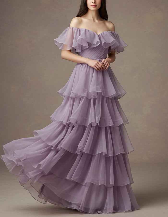 Light Purple Chiffon Off Shoulder Ruffle Sleeves Maxi Dress