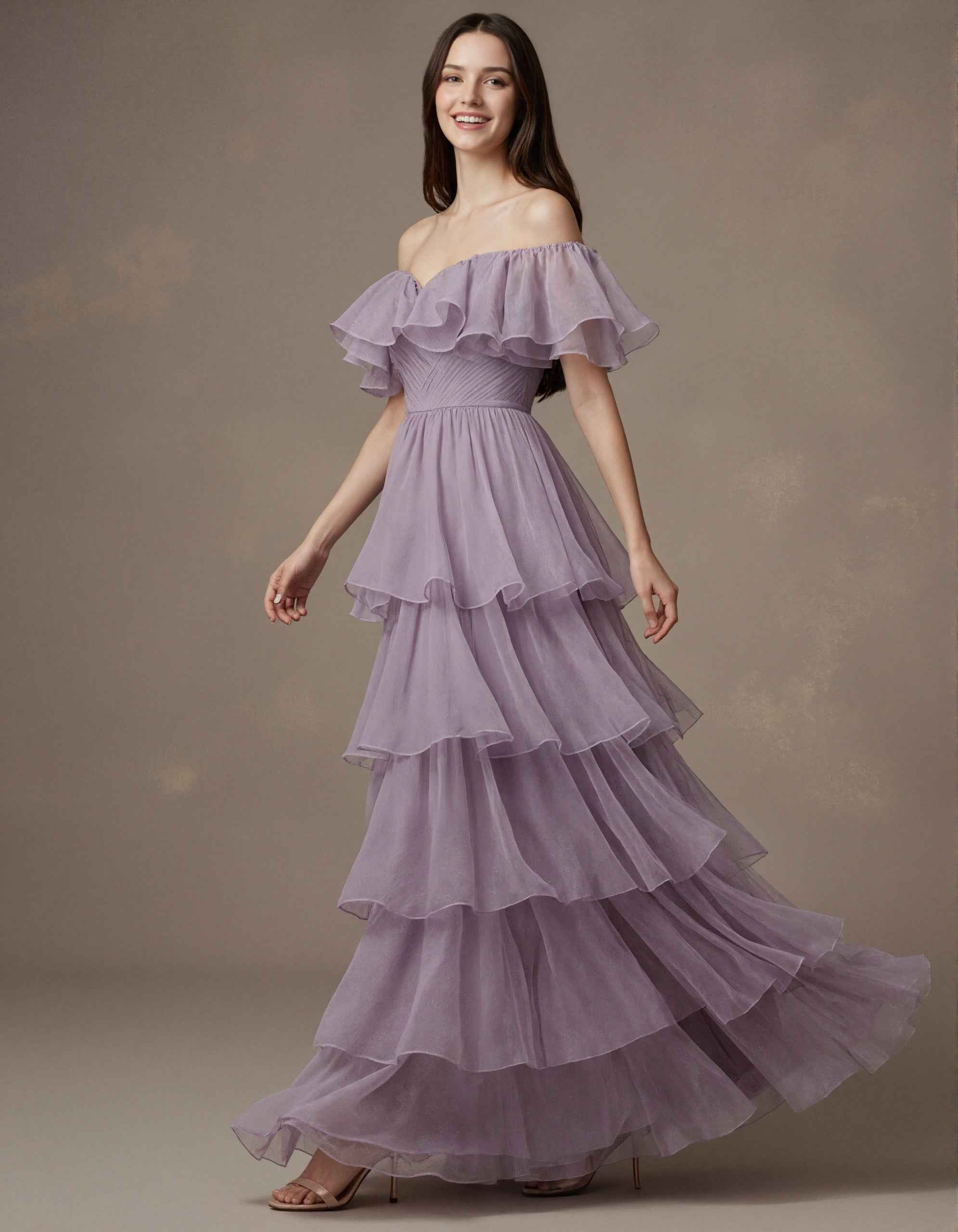 Light Purple Chiffon Off Shoulder Ruffle Sleeves Maxi Dress