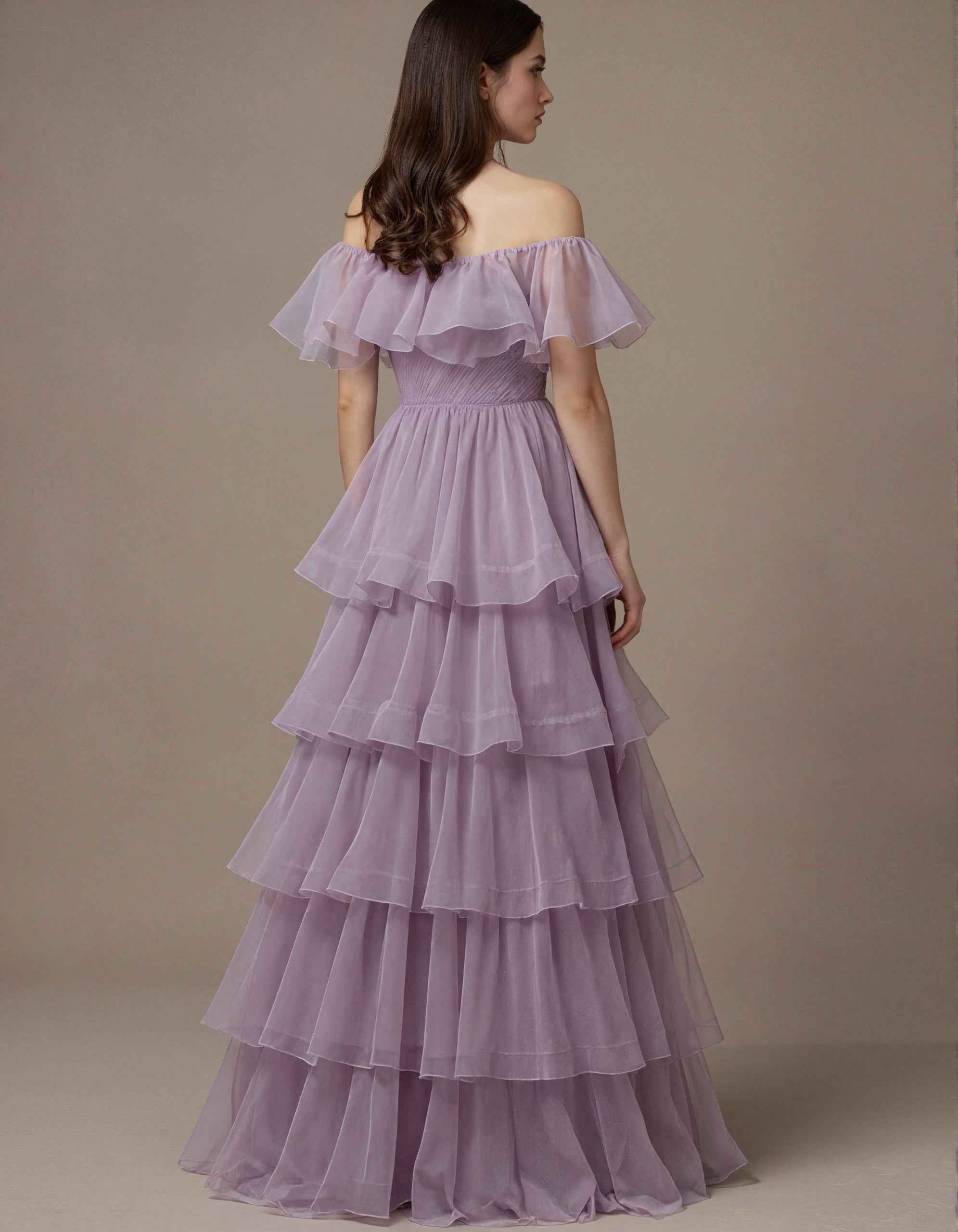 Light Purple Chiffon Off Shoulder Ruffle Sleeves Maxi Dress