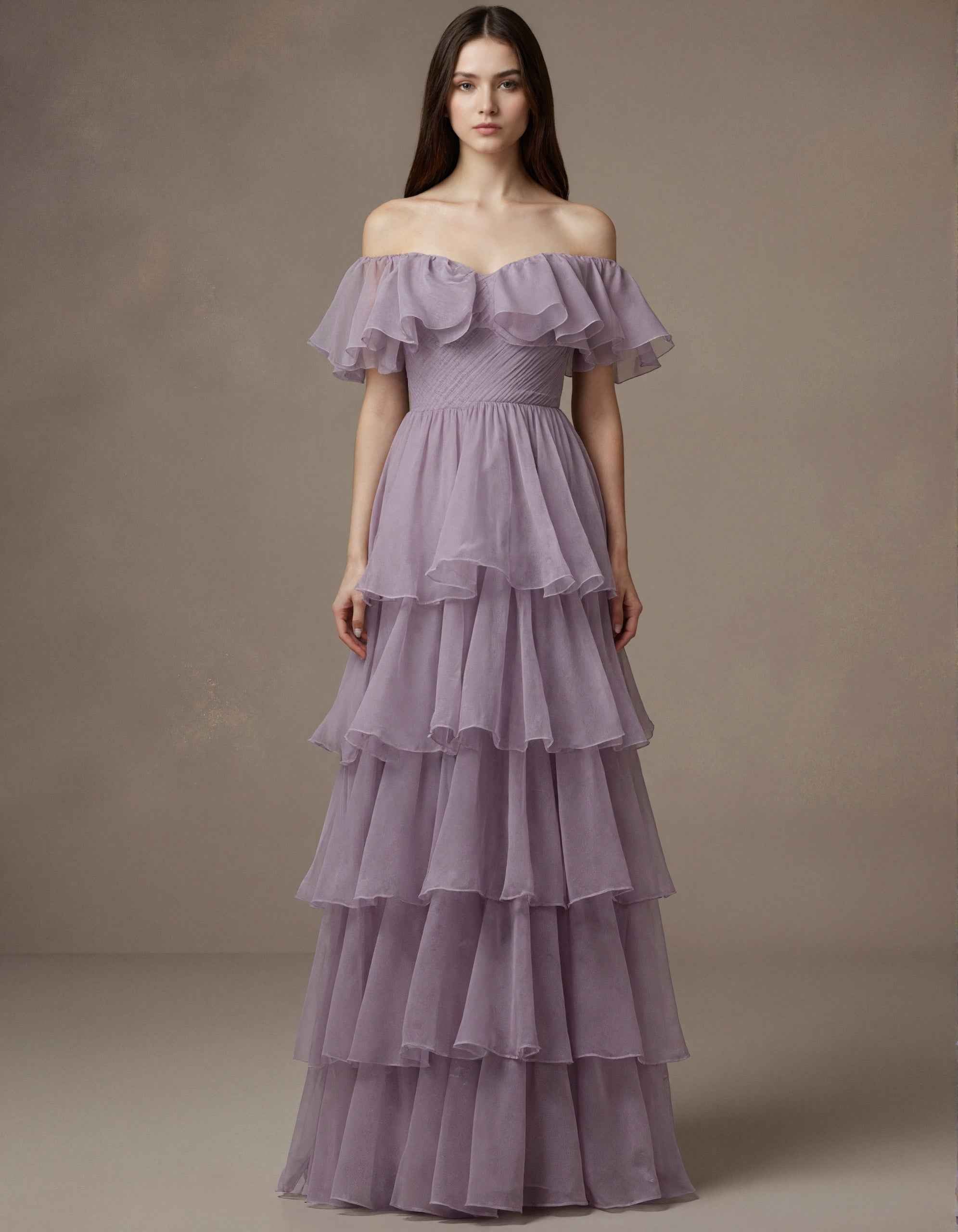 Light Purple Chiffon Off Shoulder Ruffle Sleeves Maxi Dress
