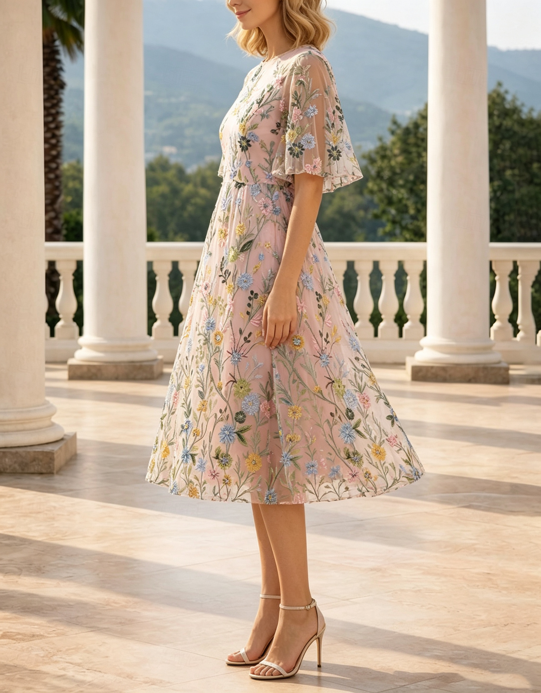 Round Neck Flutter Sleeve Allover Floral Embroidery Mesh A-Line Midi Dress