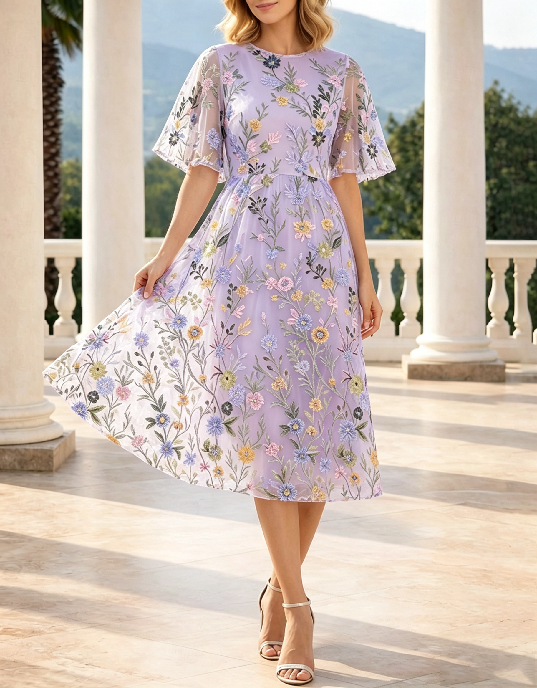 Vestido Midi em Linha A com Decote Redondo, Mangas com Folhos e Bordado Floral em Tule por Todo o Vestido