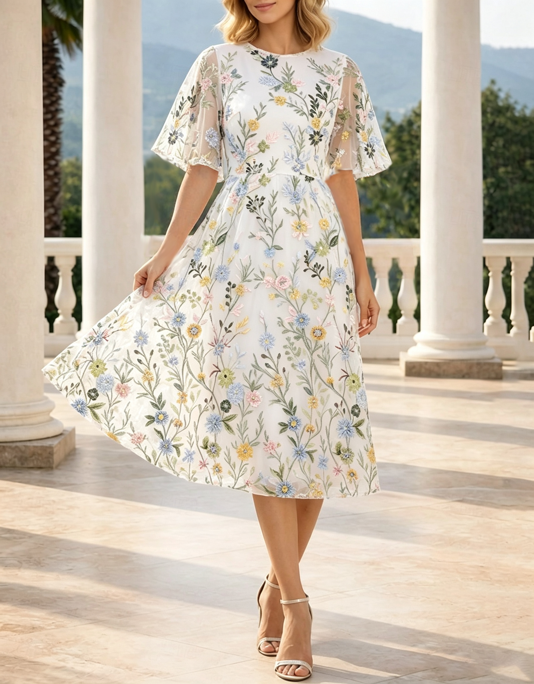 Vestido Midi em Linha A com Decote Redondo, Mangas com Folhos e Bordado Floral em Tule por Todo o Vestido