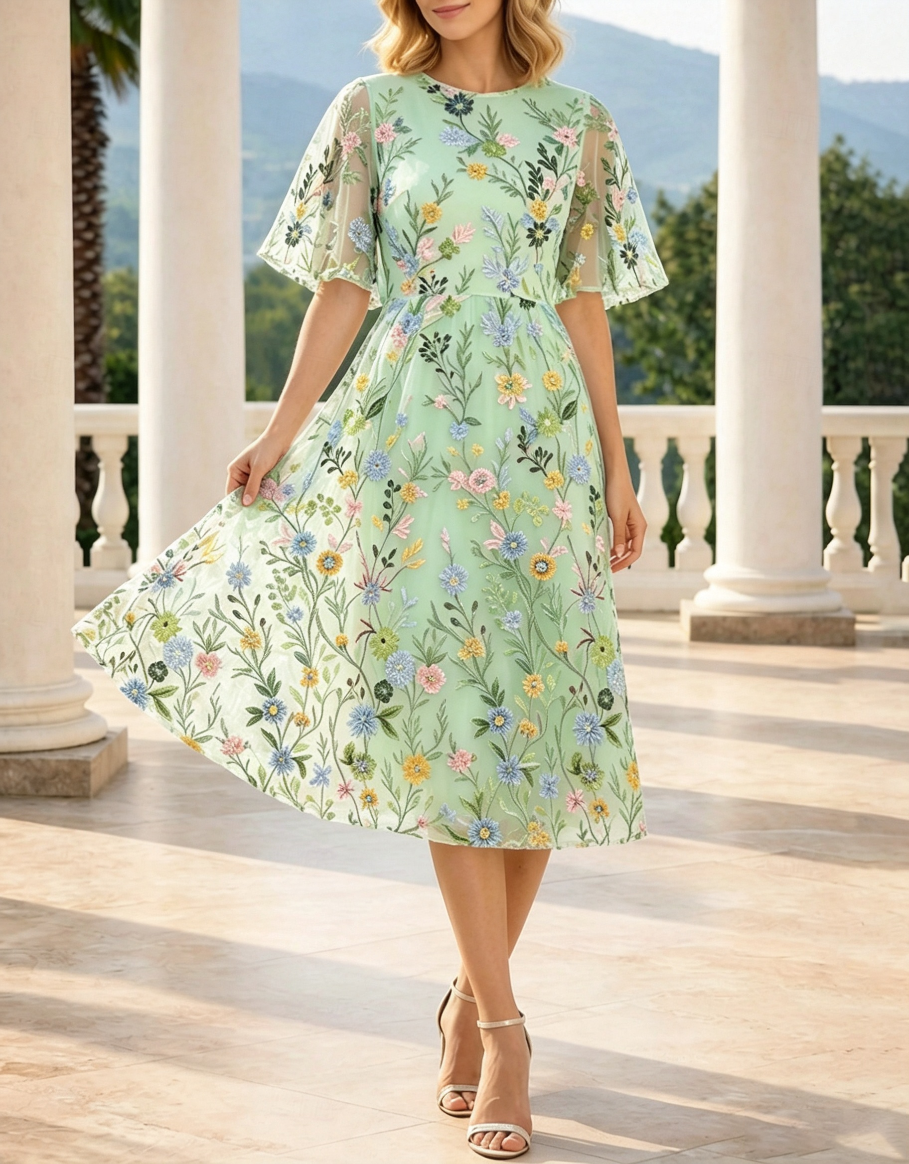 Vestido Midi em Linha A com Decote Redondo, Mangas com Folhos e Bordado Floral em Tule por Todo o Vestido