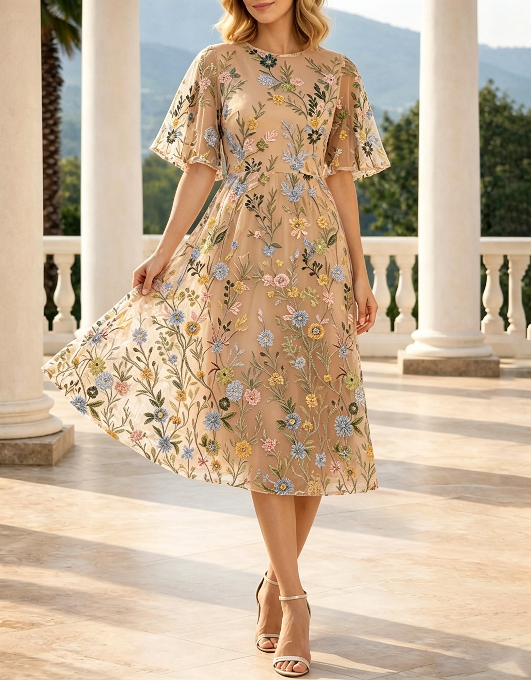 Vestido Midi em Linha A com Decote Redondo, Mangas com Folhos e Bordado Floral em Tule por Todo o Vestido