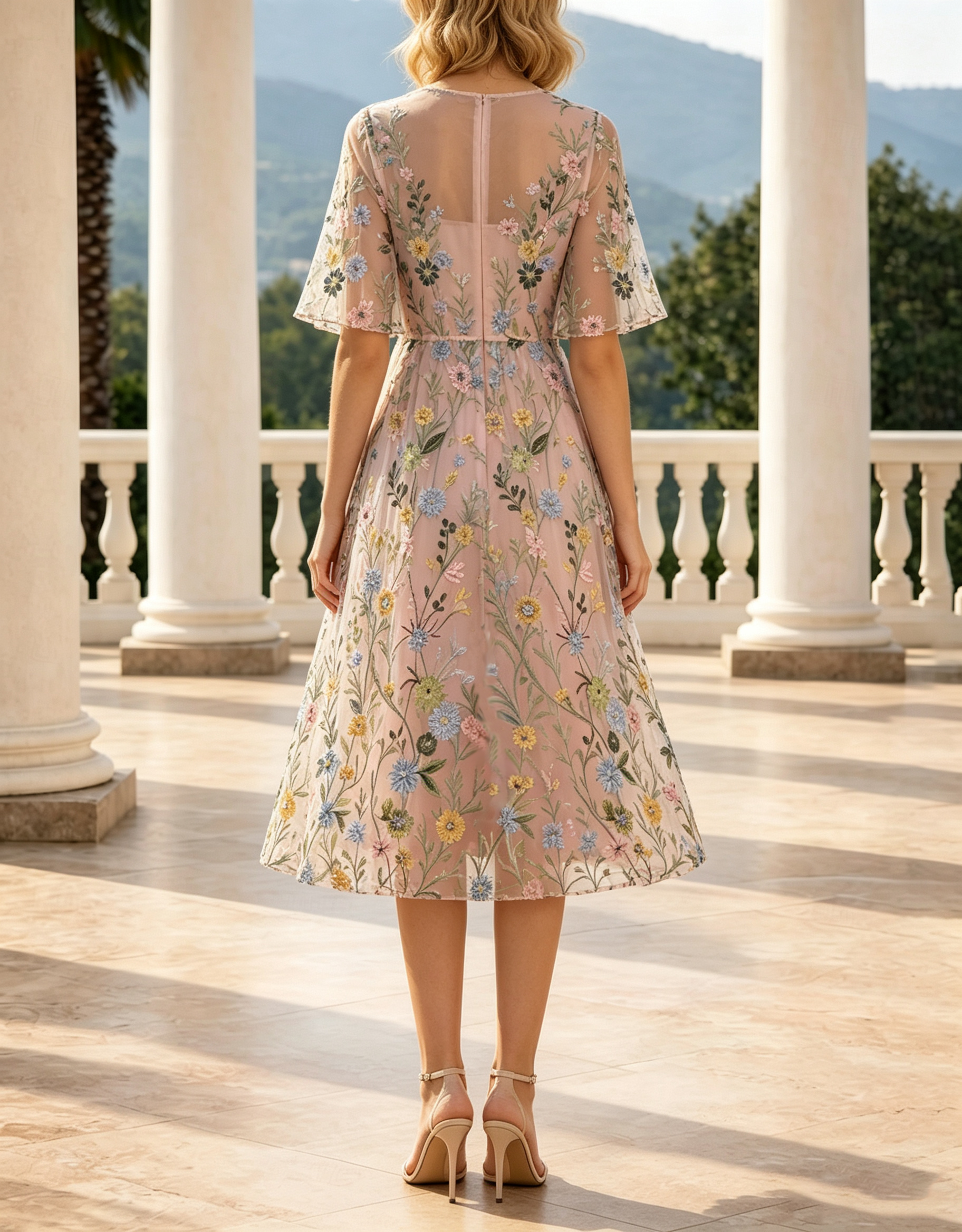 Round Neck Flutter Sleeve Allover Floral Embroidery Mesh A-Line Midi Dress