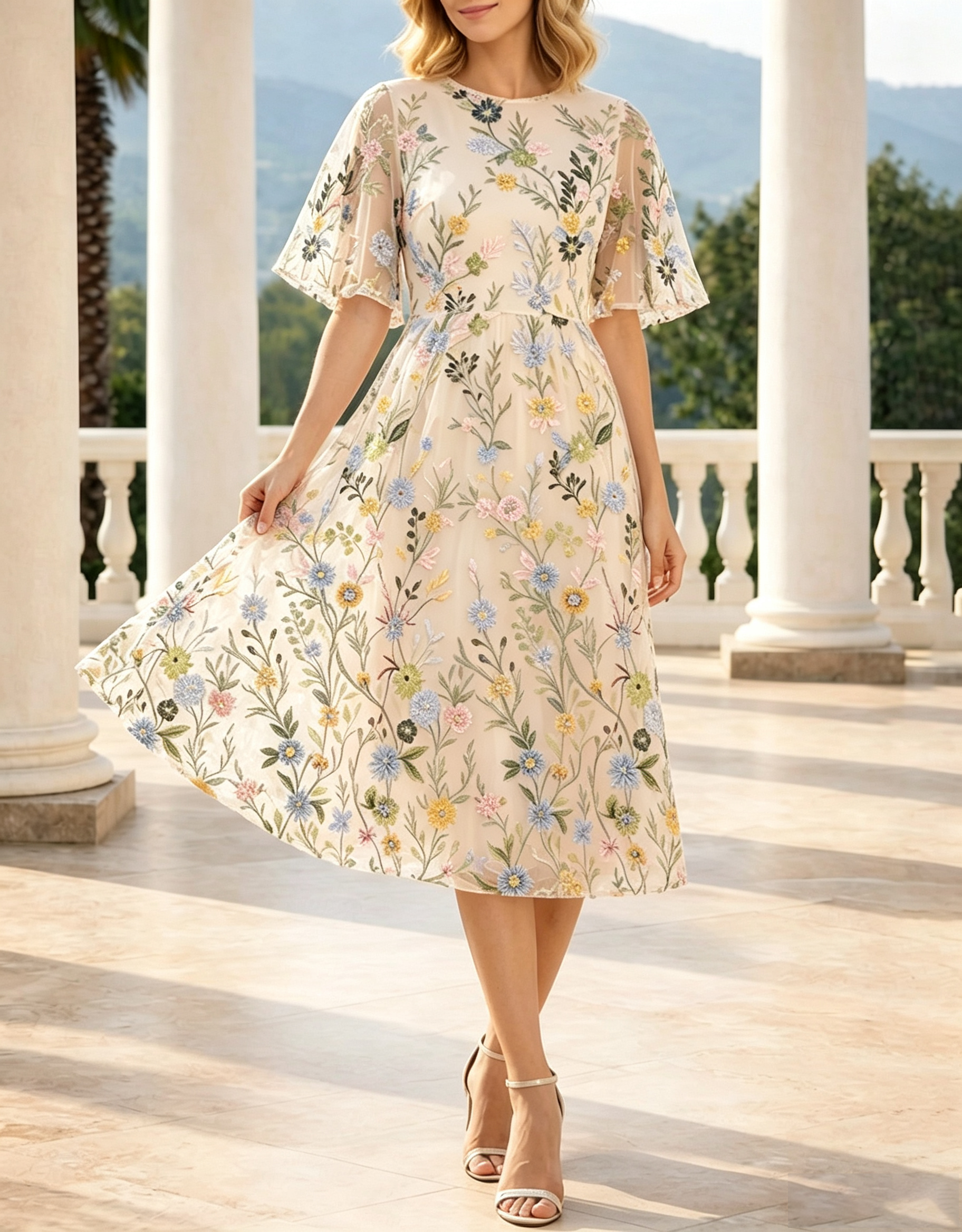 Vestido Midi em Linha A com Decote Redondo, Mangas com Folhos e Bordado Floral em Tule por Todo o Vestido