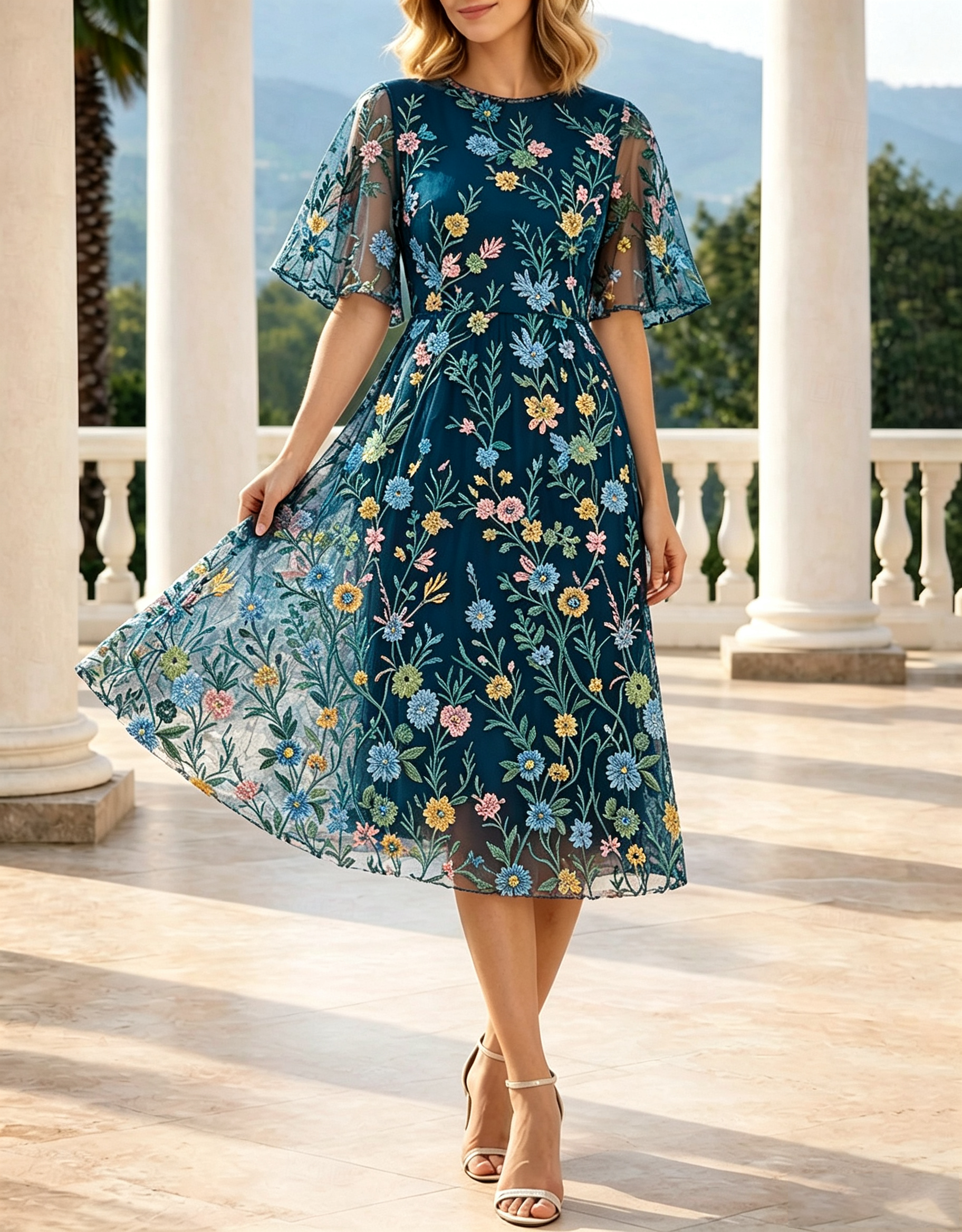 Vestido Midi em Linha A com Decote Redondo, Mangas com Folhos e Bordado Floral em Tule por Todo o Vestido