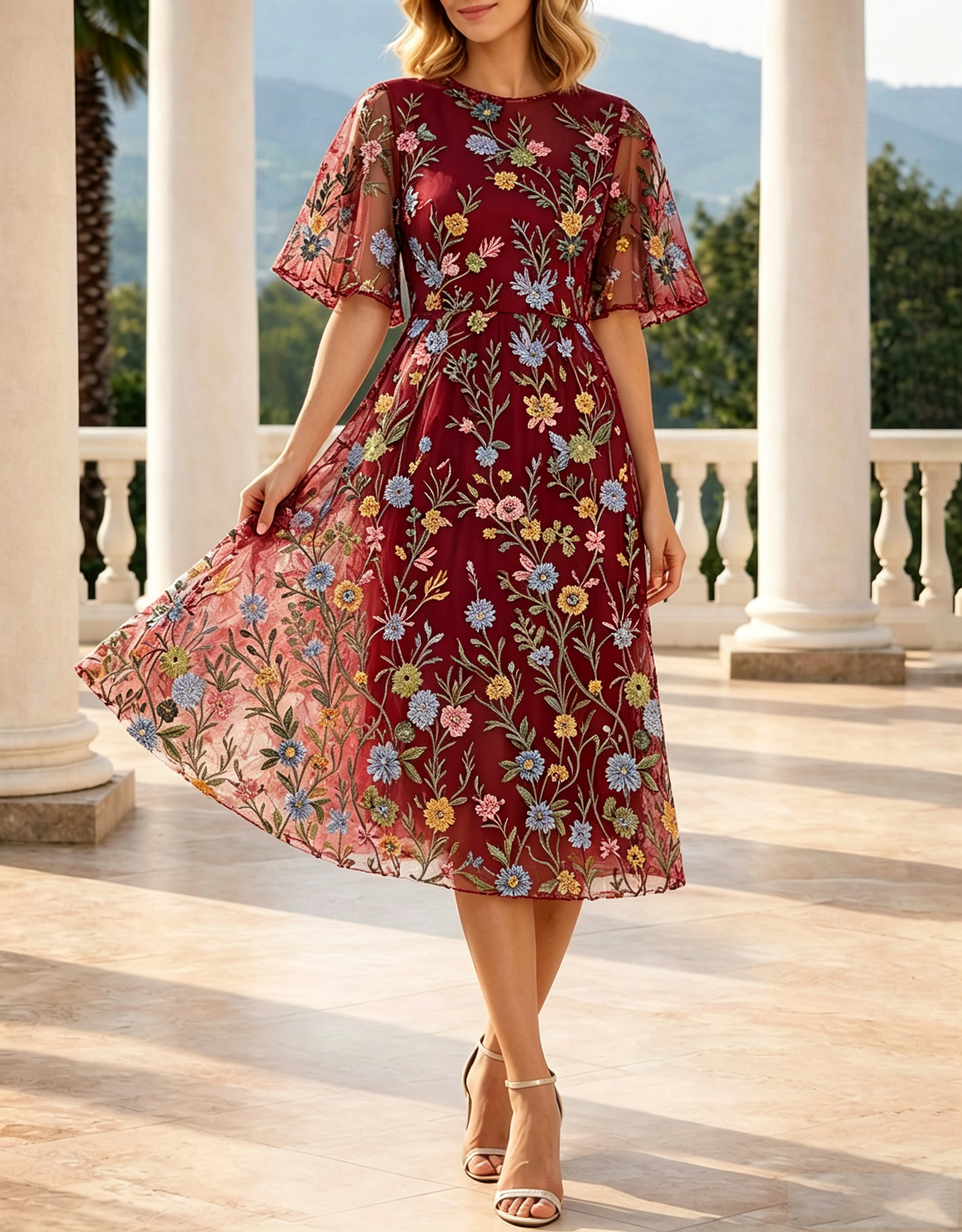 Vestido Midi em Linha A com Decote Redondo, Mangas com Folhos e Bordado Floral em Tule por Todo o Vestido