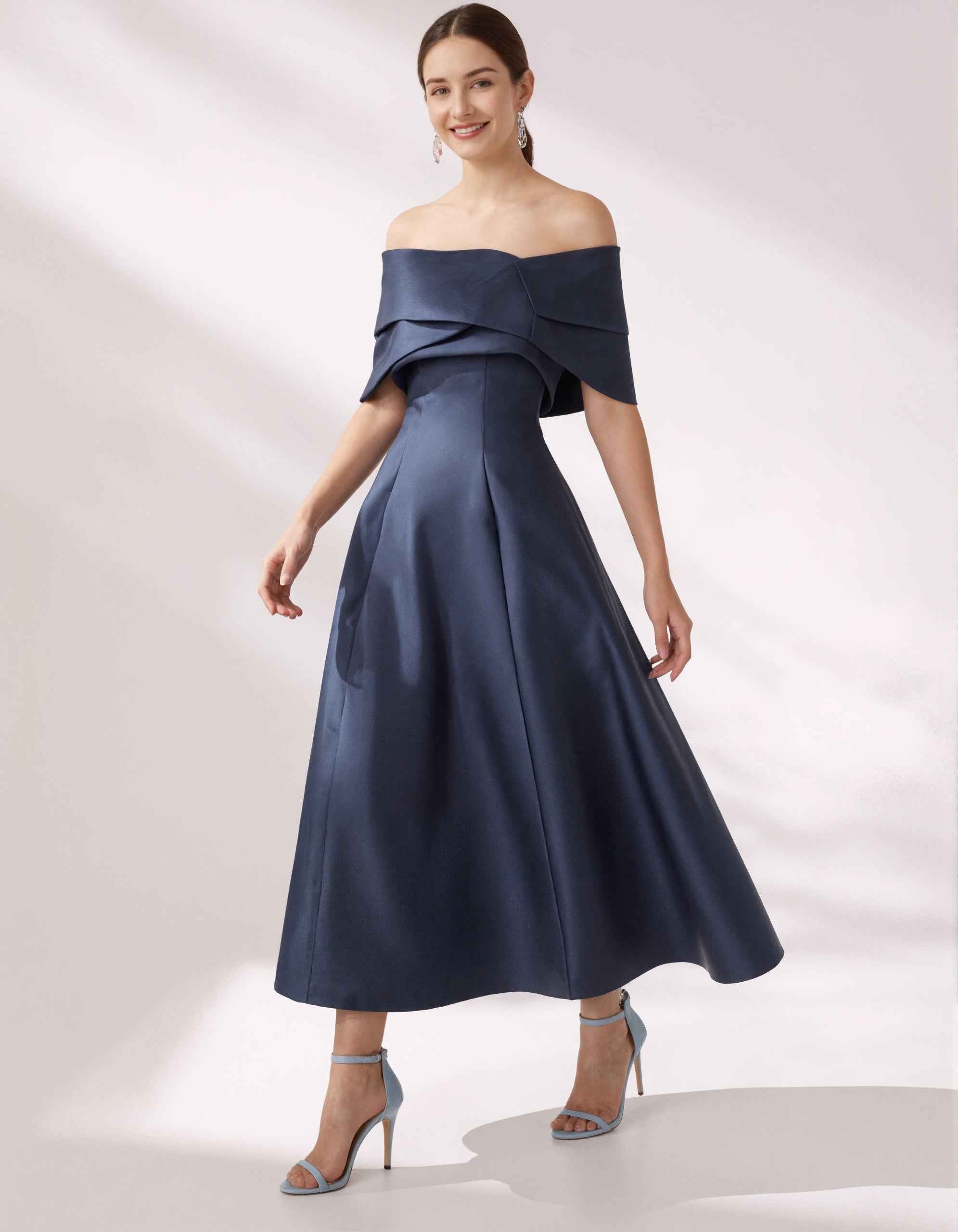 Dark Blue Satin Off Shoulder Midi Dress