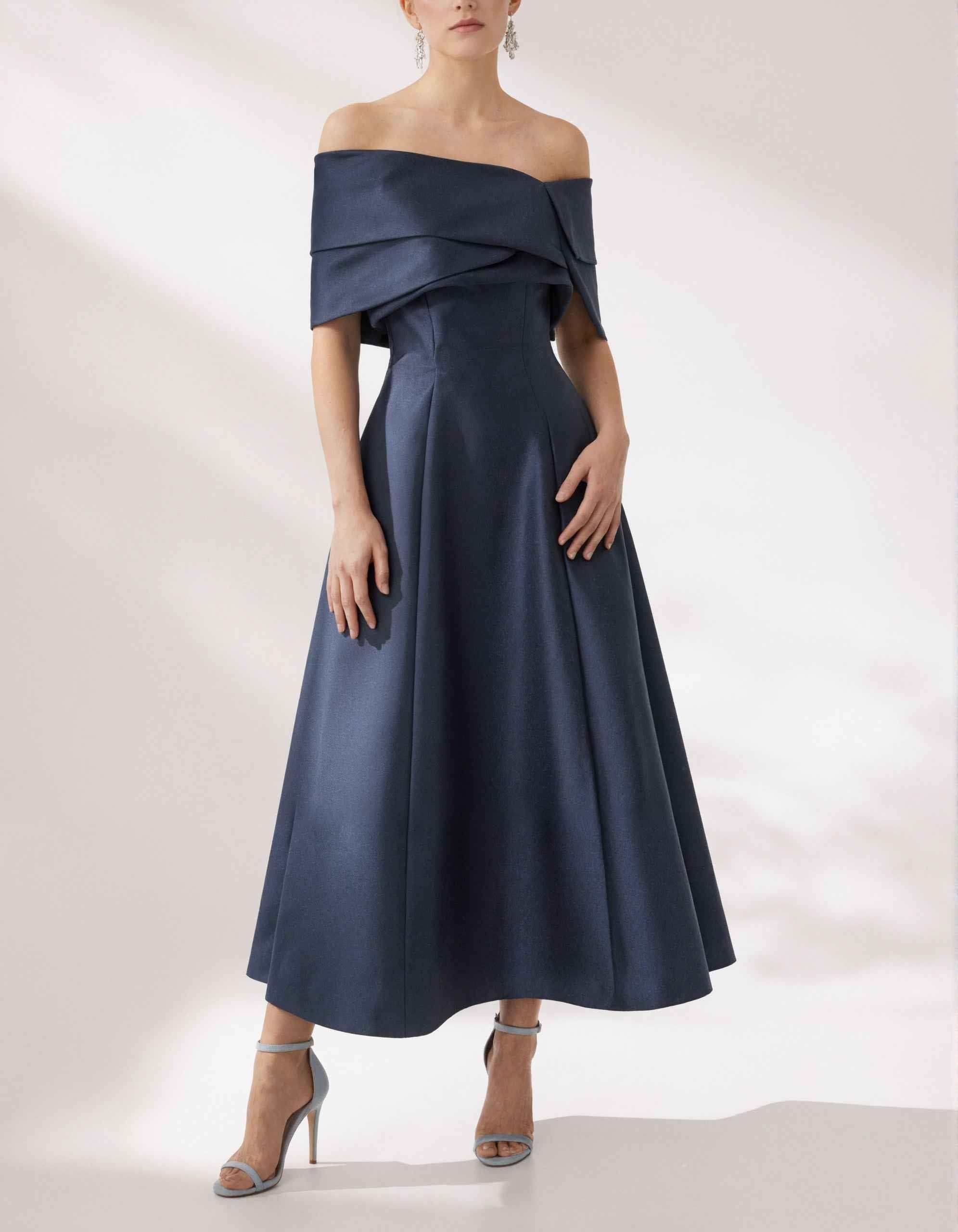 Dark Blue Satin Off Shoulder Midi Dress