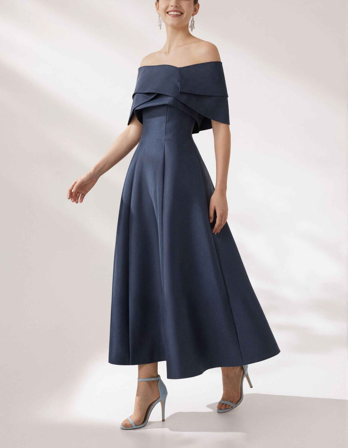 Dark Blue Satin Off Shoulder Midi Dress
