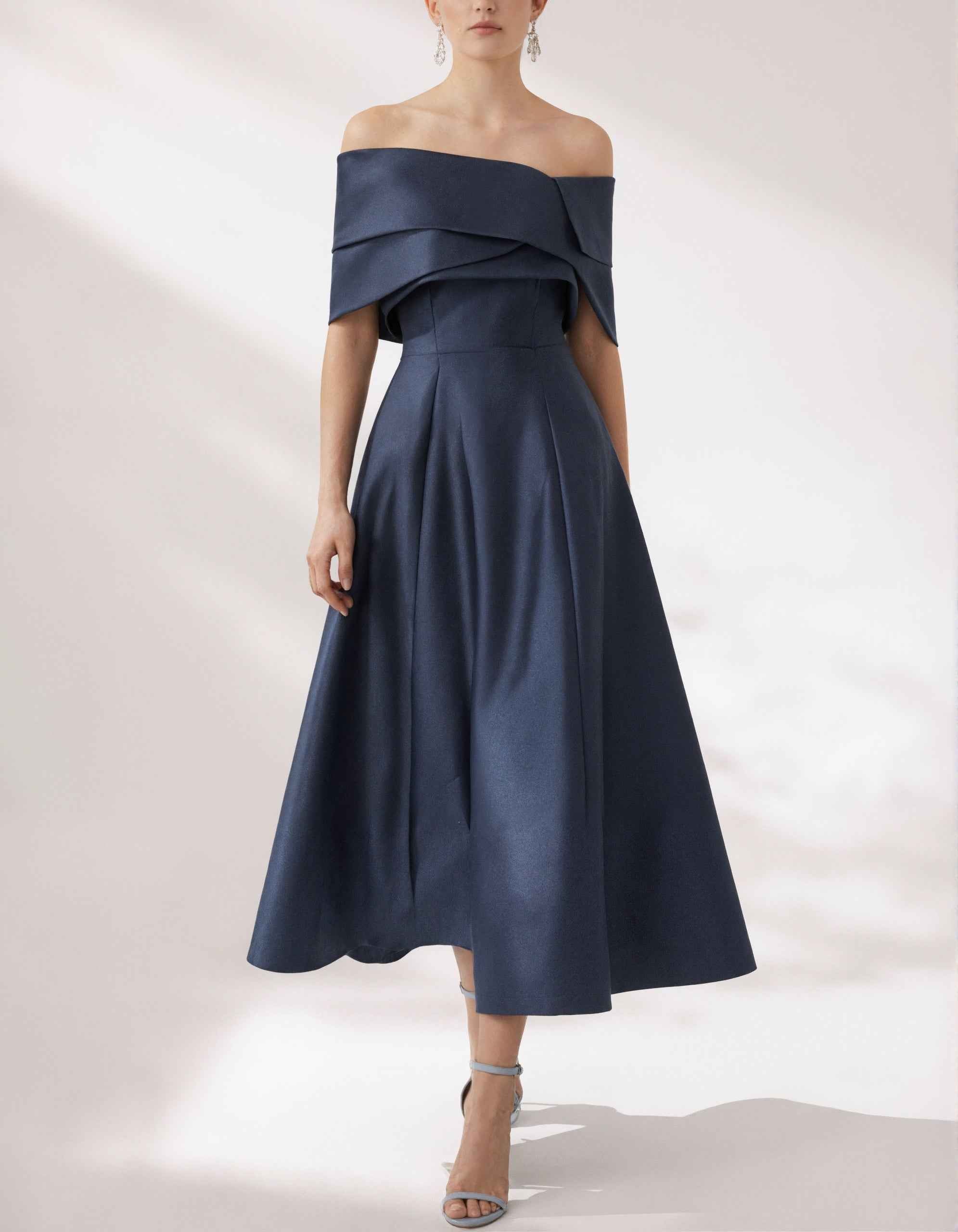 Dark Blue Satin Off Shoulder Midi Dress