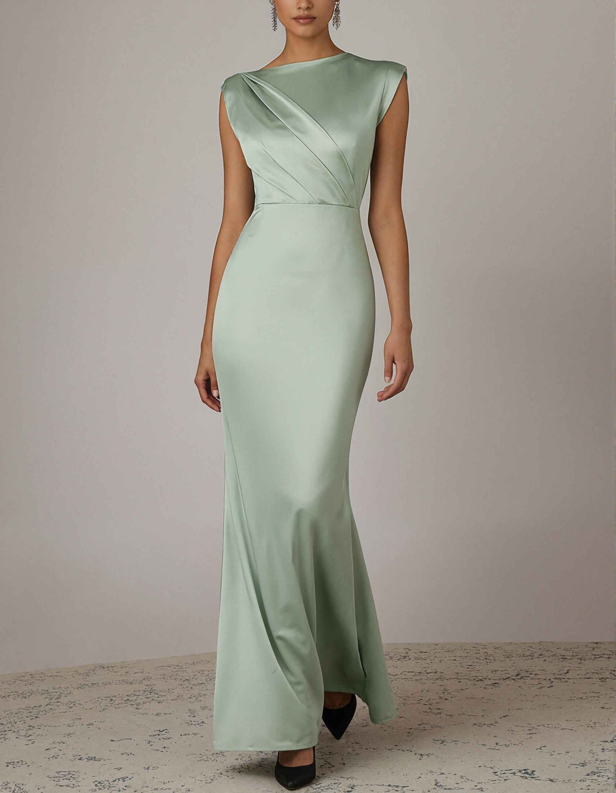 Sage Green Round Neck Satin Maxi Dress
