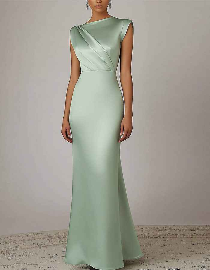 Sage Green Round Neck Satin Maxi Dress