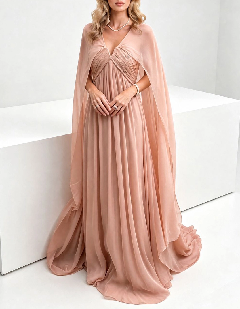 Nude Blush V-Ausschnitt Plissiertes Chiffon-Cape mit Schleppe Maxikleid für den Abend